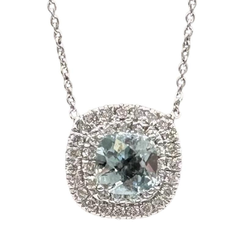14K White Gold Aquamarine Diamond Necklace 1.18ct GH VS Adjustable