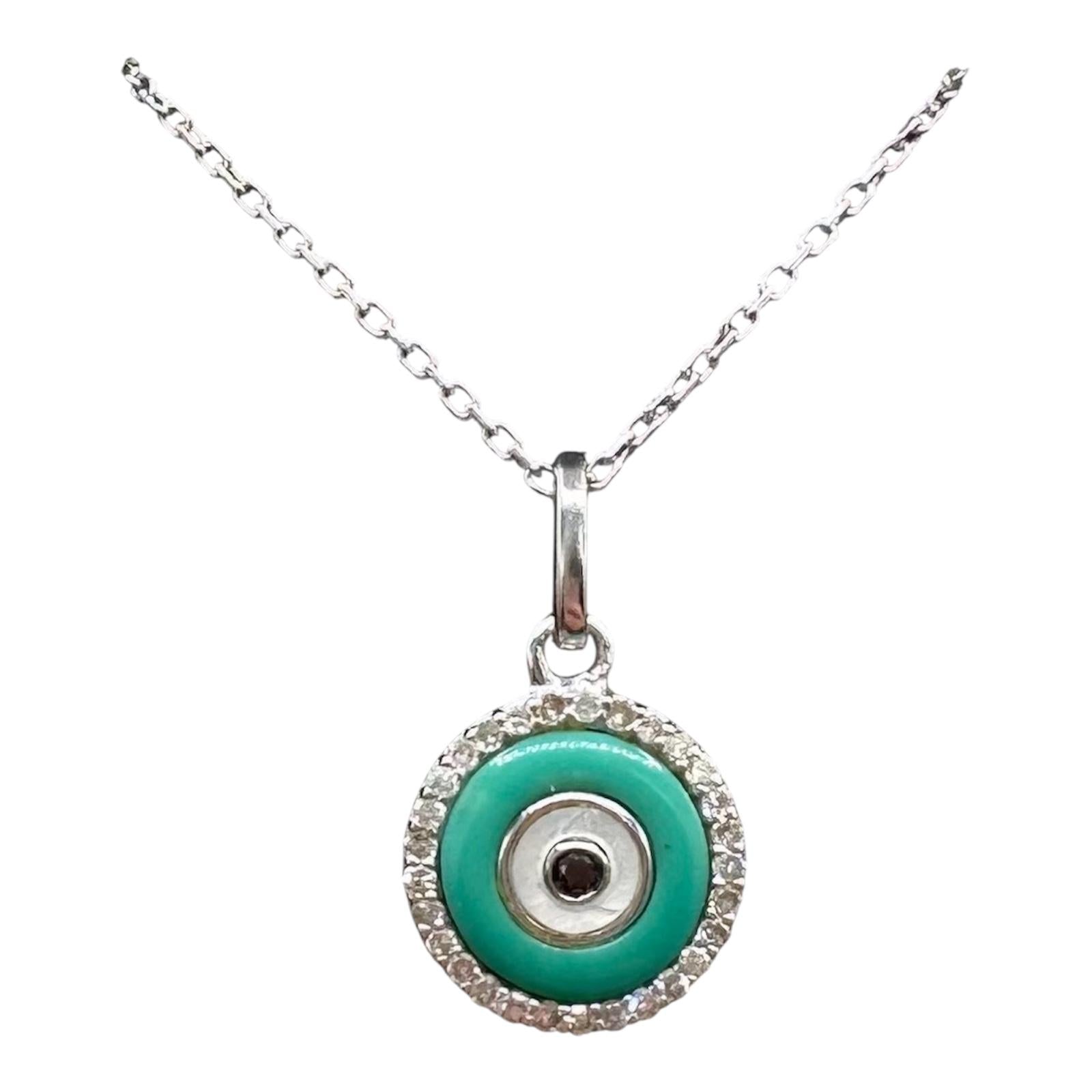 14K White Gold Diamond Evil Eye Necklace 0.10ct Enamel 18.5in