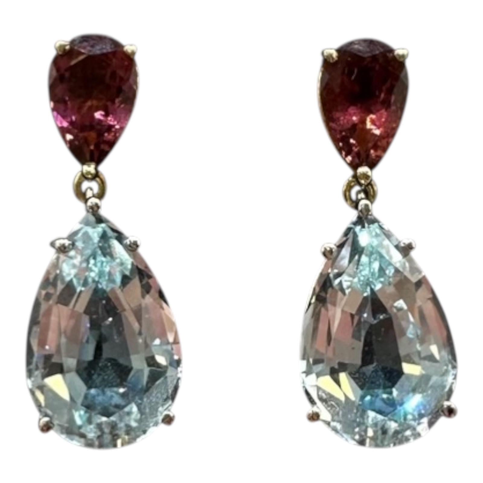 14K Two Tone Gold Aquamarine Rubellite Earrings 9.25ctw Pear