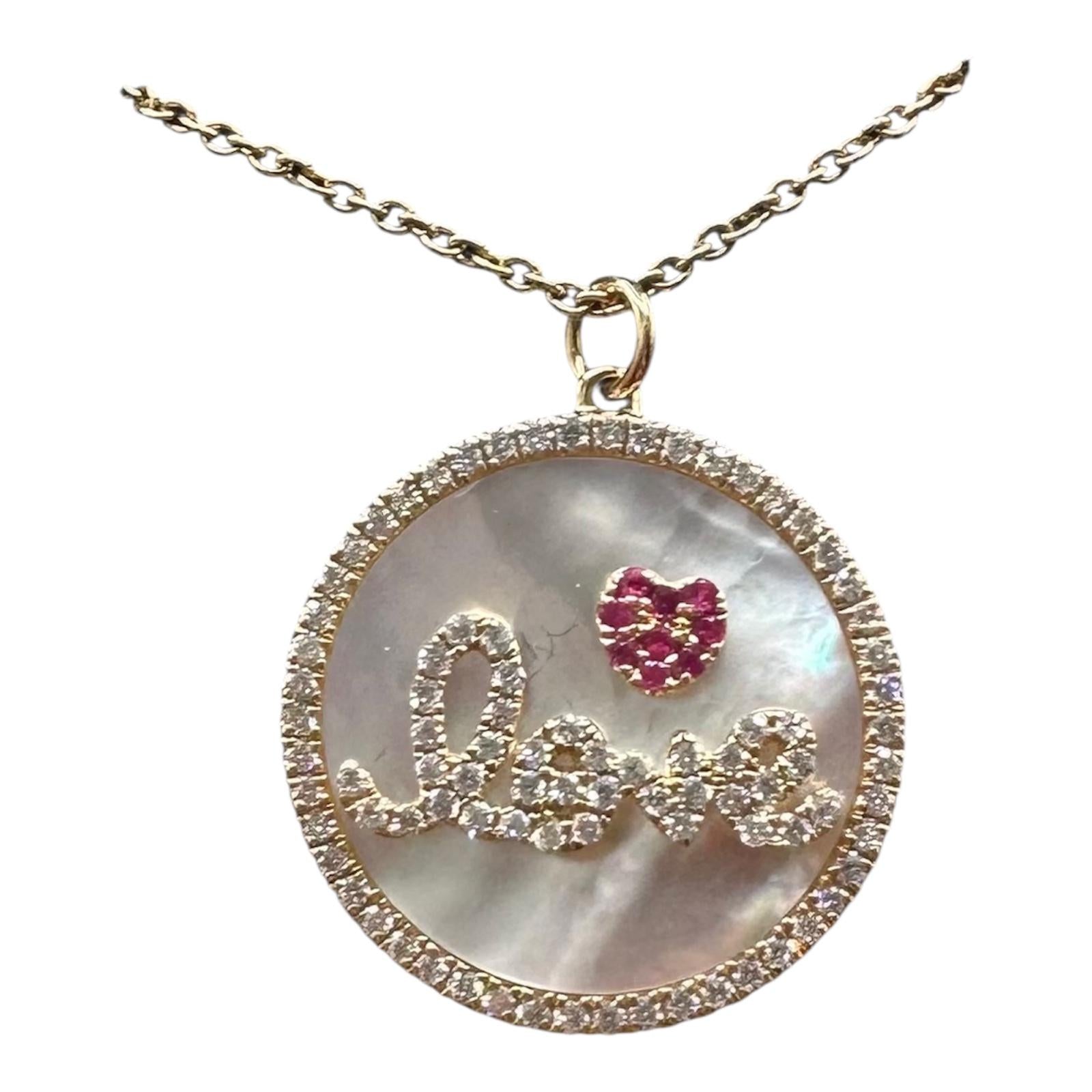 14K Yellow Gold Diamond Love Disc Necklace MOP Ruby 18”