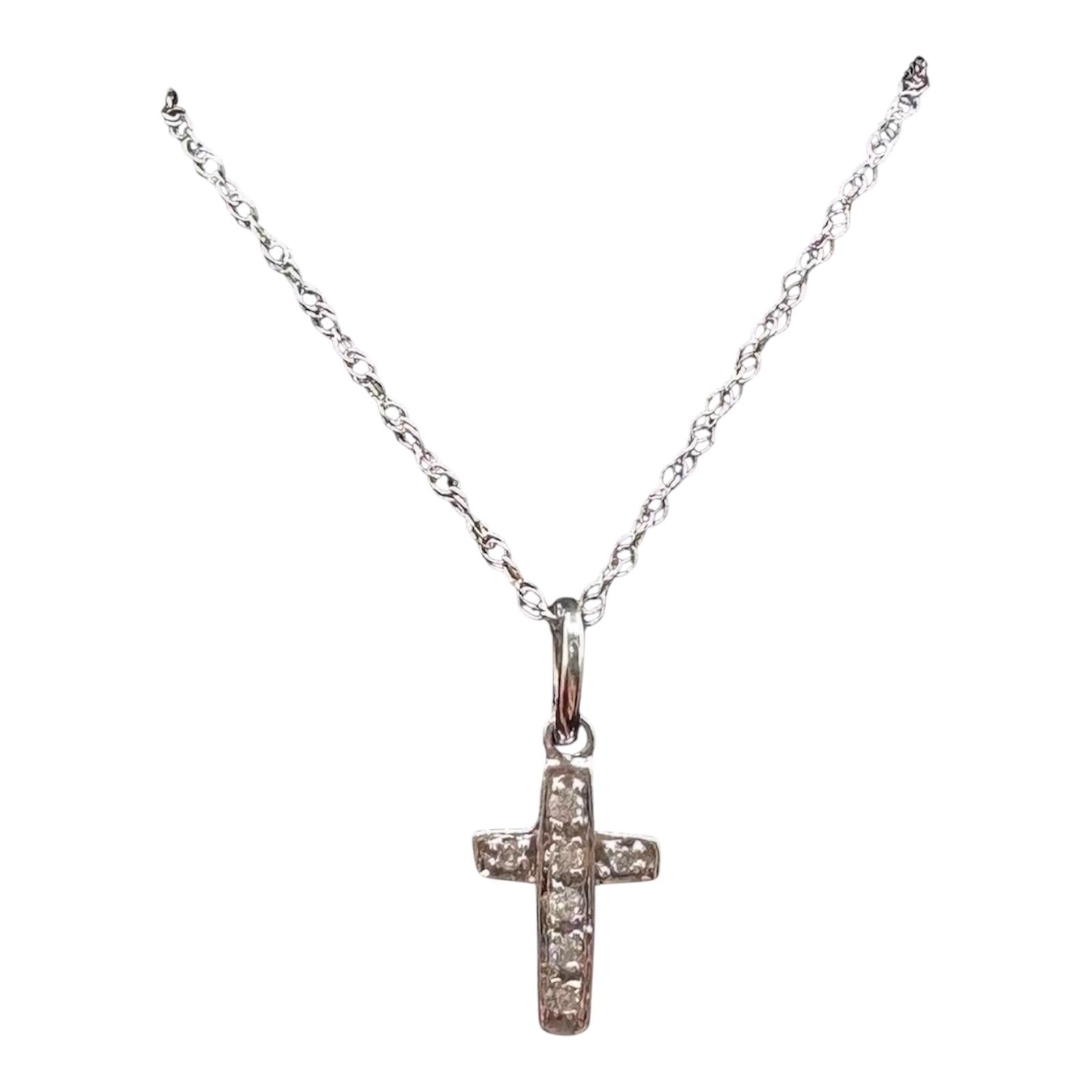 10K White Gold Petite Diamond Cross Necklace 0.03ct 18 Inch