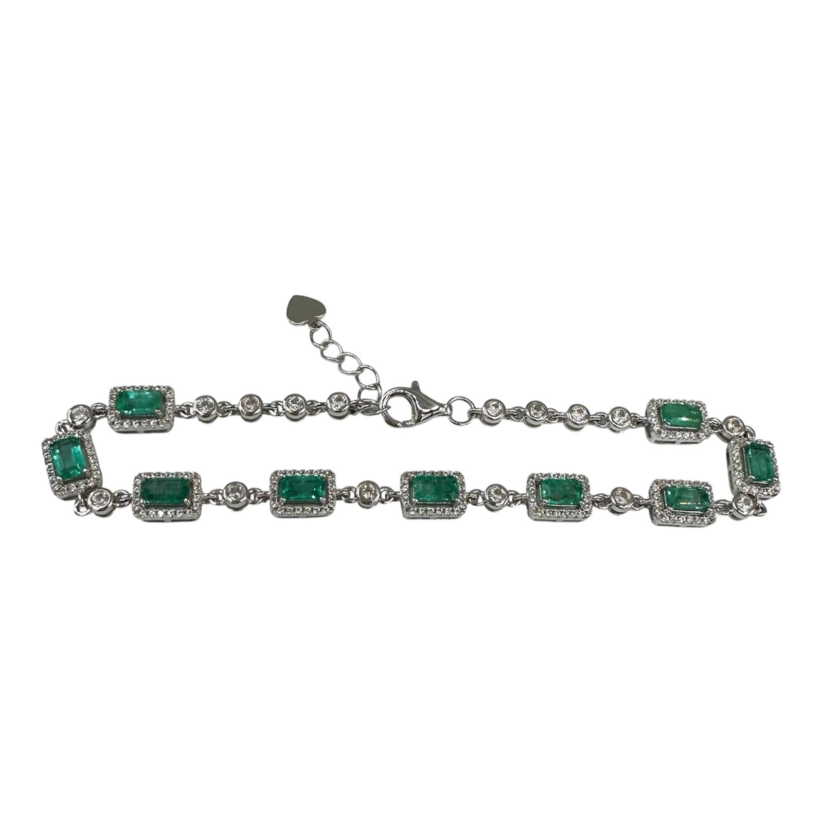 Sterling Silver Emerald Zircon Bracelet 2.46ct 8 Inch Adjustable