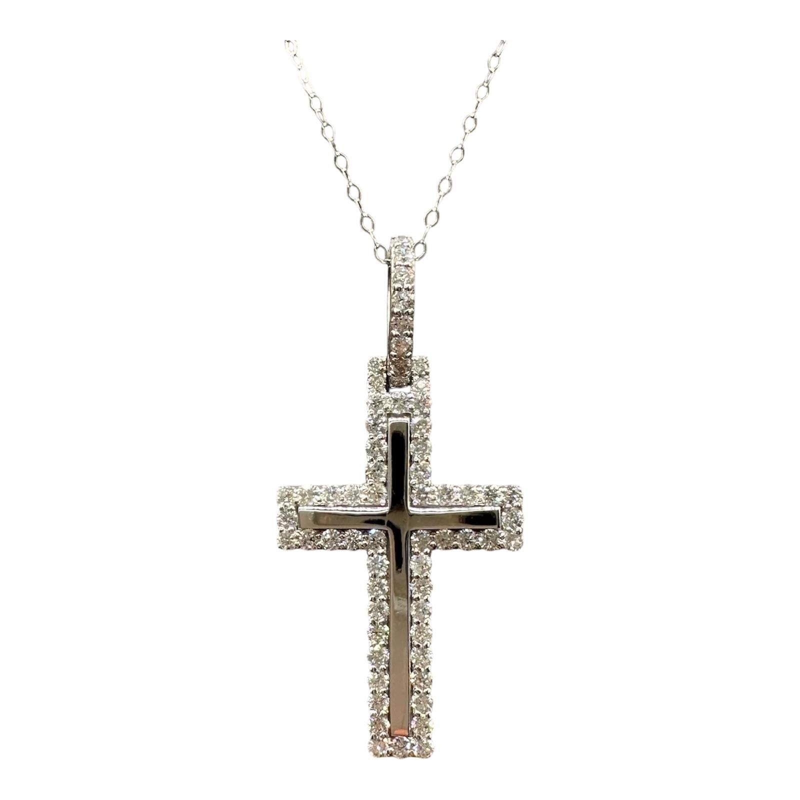 Diamond Cross Pendant Necklace 14K White Gold 1.20ctw 18in New