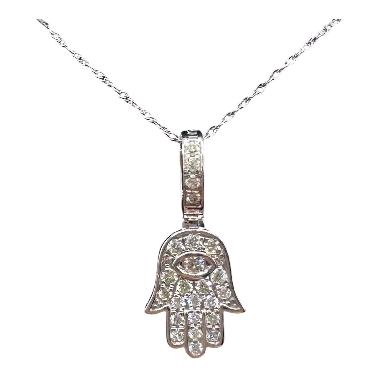 Diamond Hamsa Necklace 10K White Gold 0.25ctw 18in New