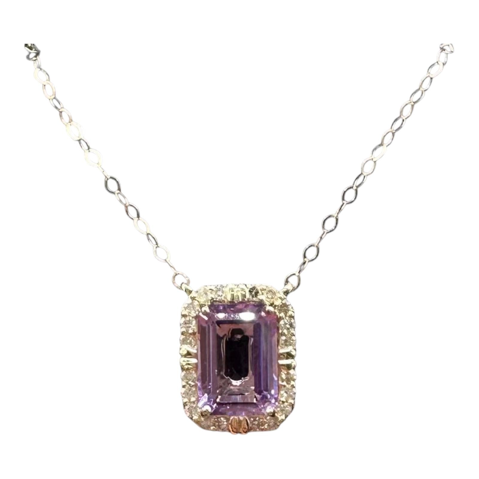 Emerald Cut Amethyst Diamond Necklace 10K Yellow Gold 18.25in New