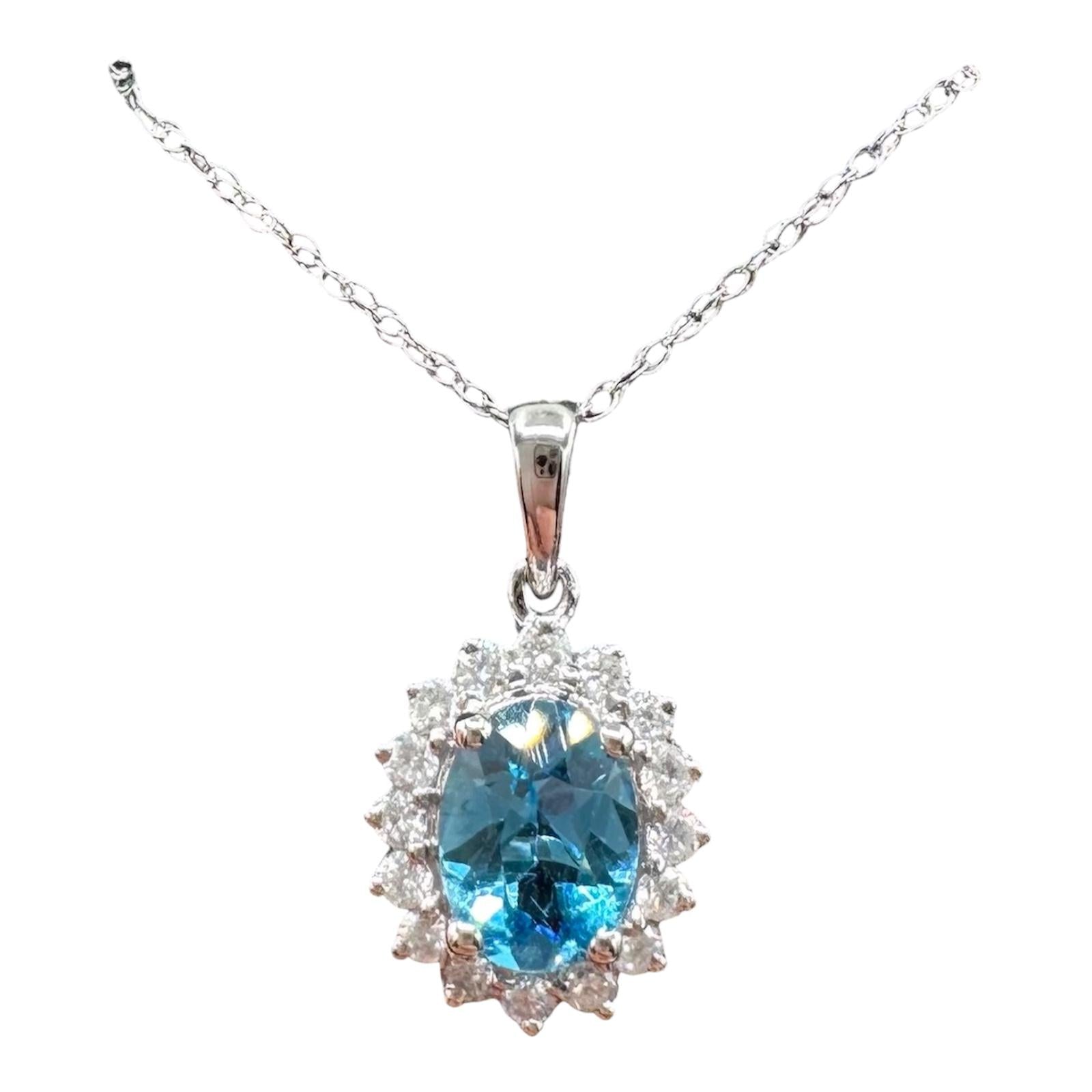Oval Blue Topaz Diamond Necklace 10K White Gold 18in New