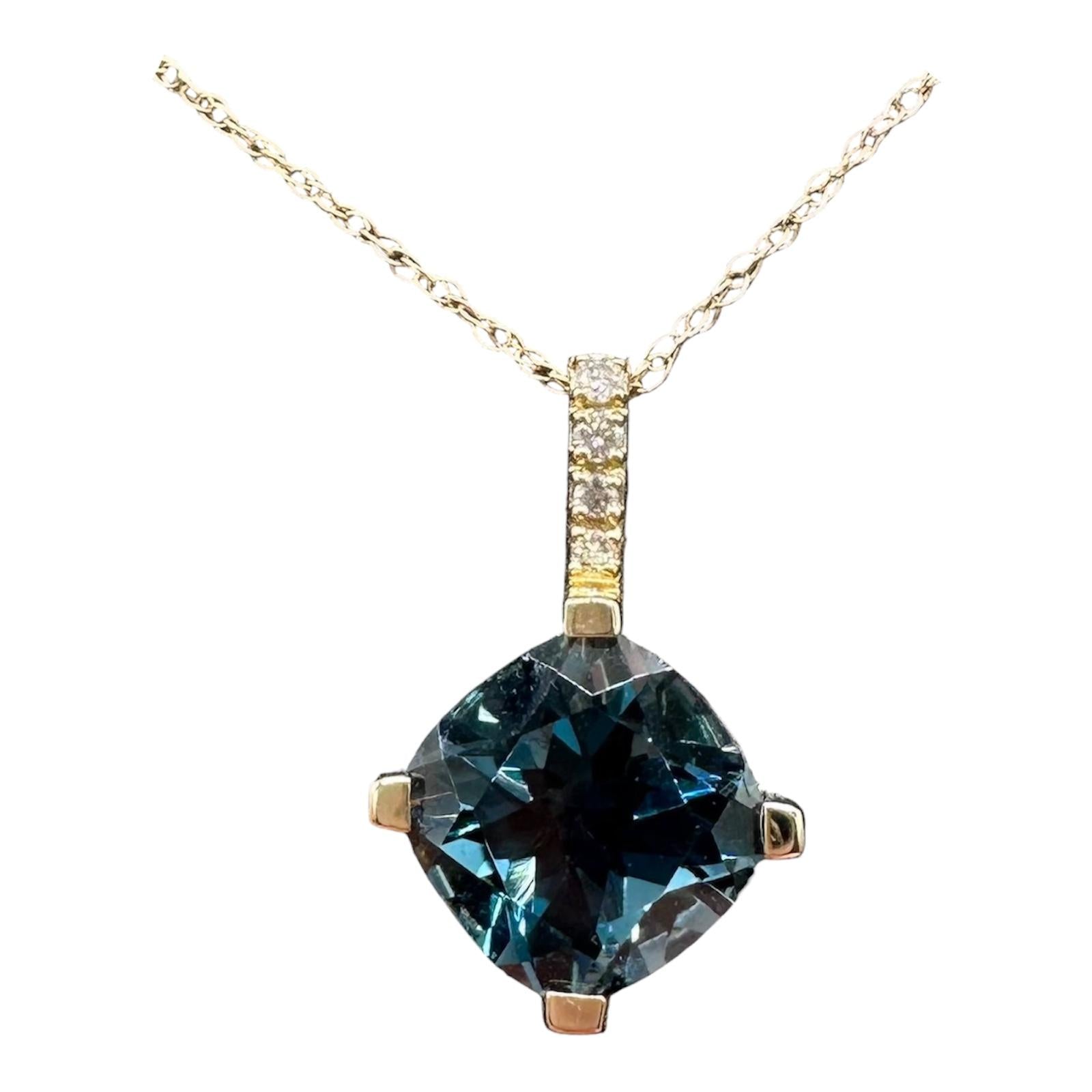 Blue Topaz Diamond Necklace 10K Yellow Gold 7.85mm 0.04ctw