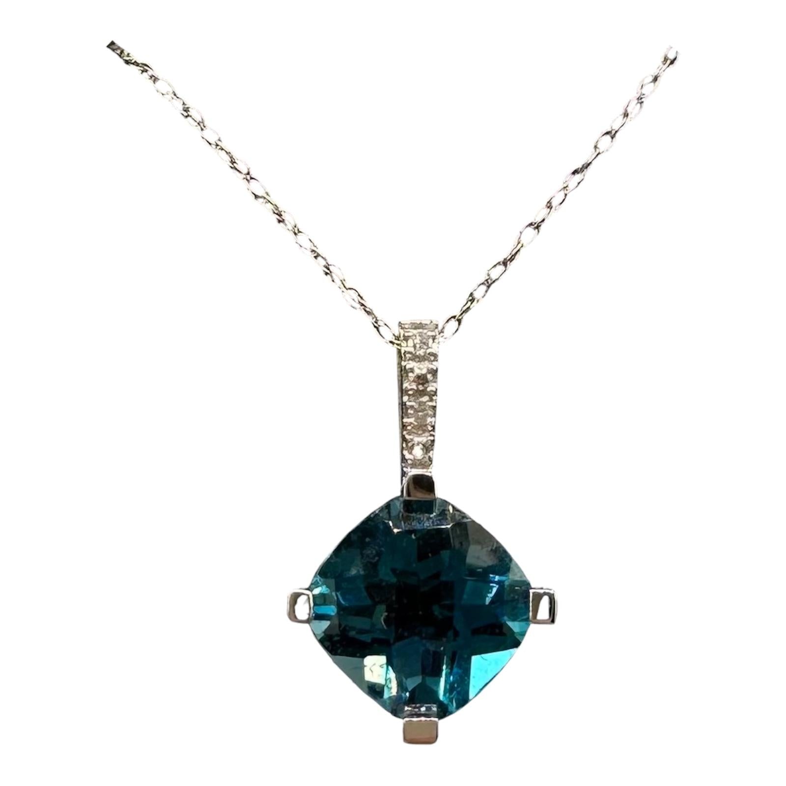 London Blue Topaz Diamond Necklace 10K White Gold 18in New