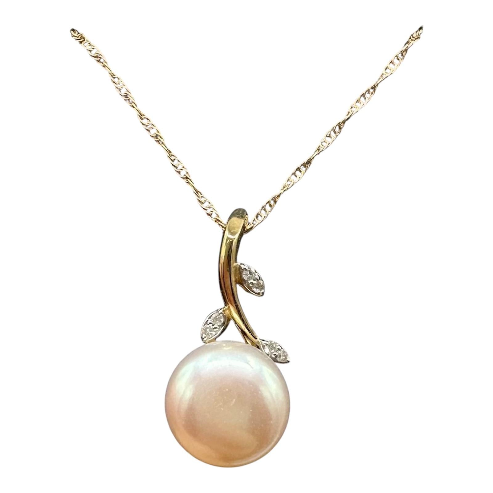 Pearl Diamond Necklace 10K Yellow Gold 8.3mm 0.03ctw New