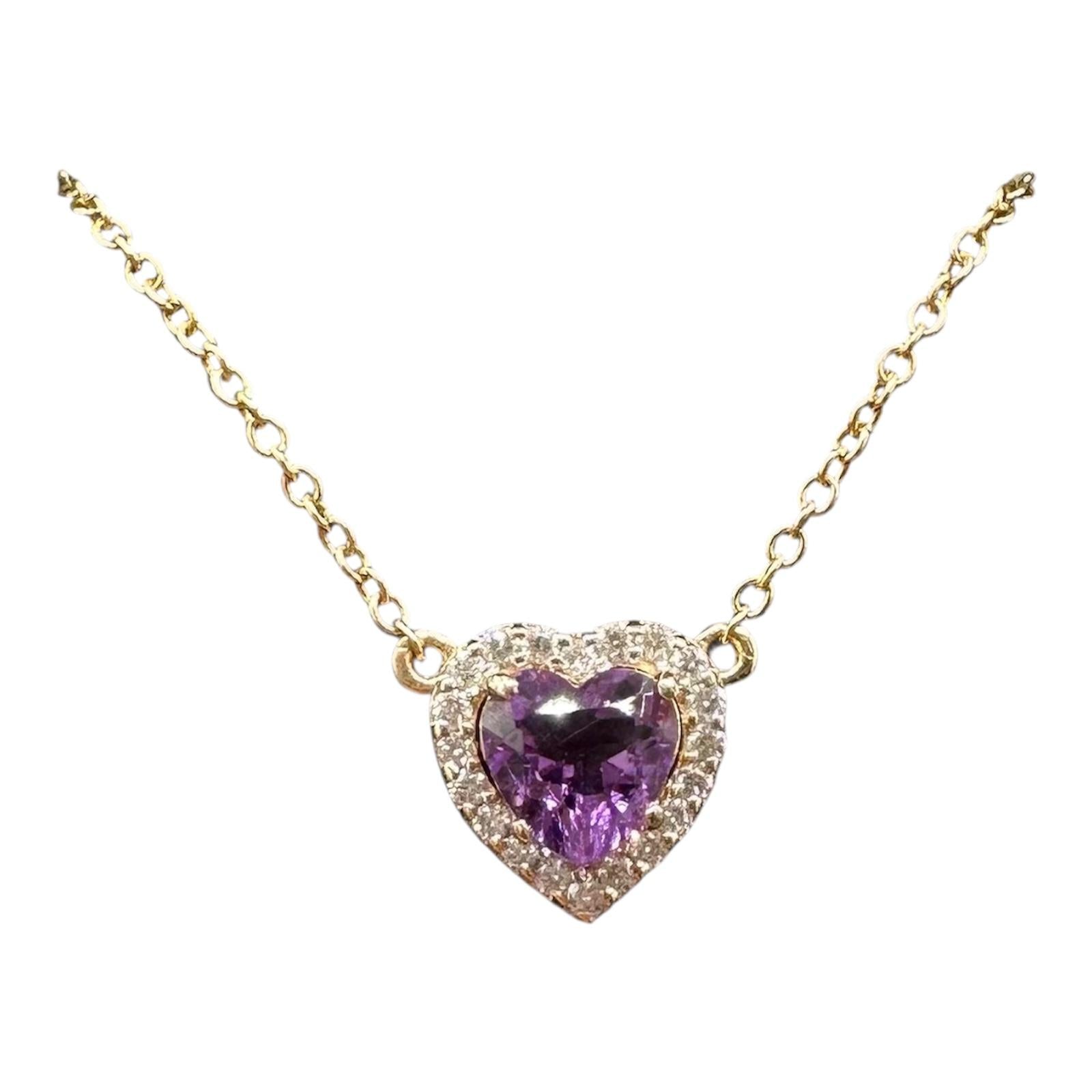 Amethyst Diamond Heart Necklace 14K Yellow Gold 0.10ctw