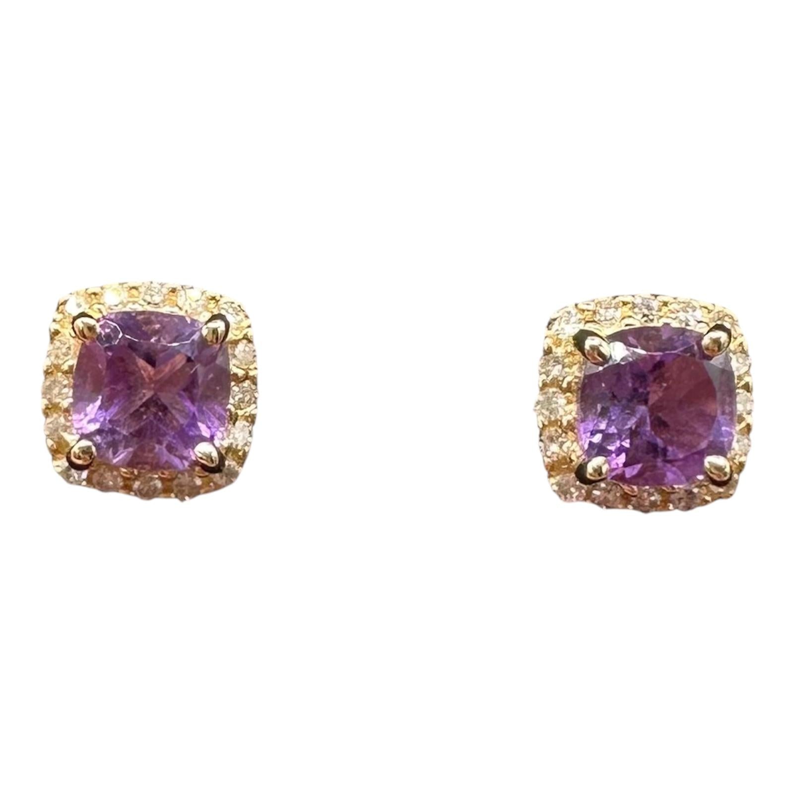 Amethyst Diamond Earrings 10K Yellow Gold Cushion Cut 0.15ctw New