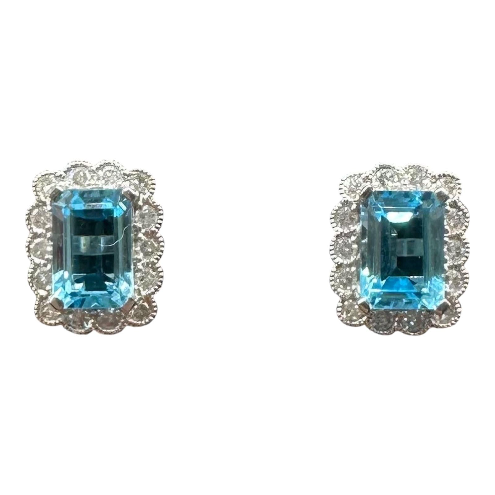 Blue Topaz Diamond Earrings 10K White Gold Emerald Cut 6x4.1mm