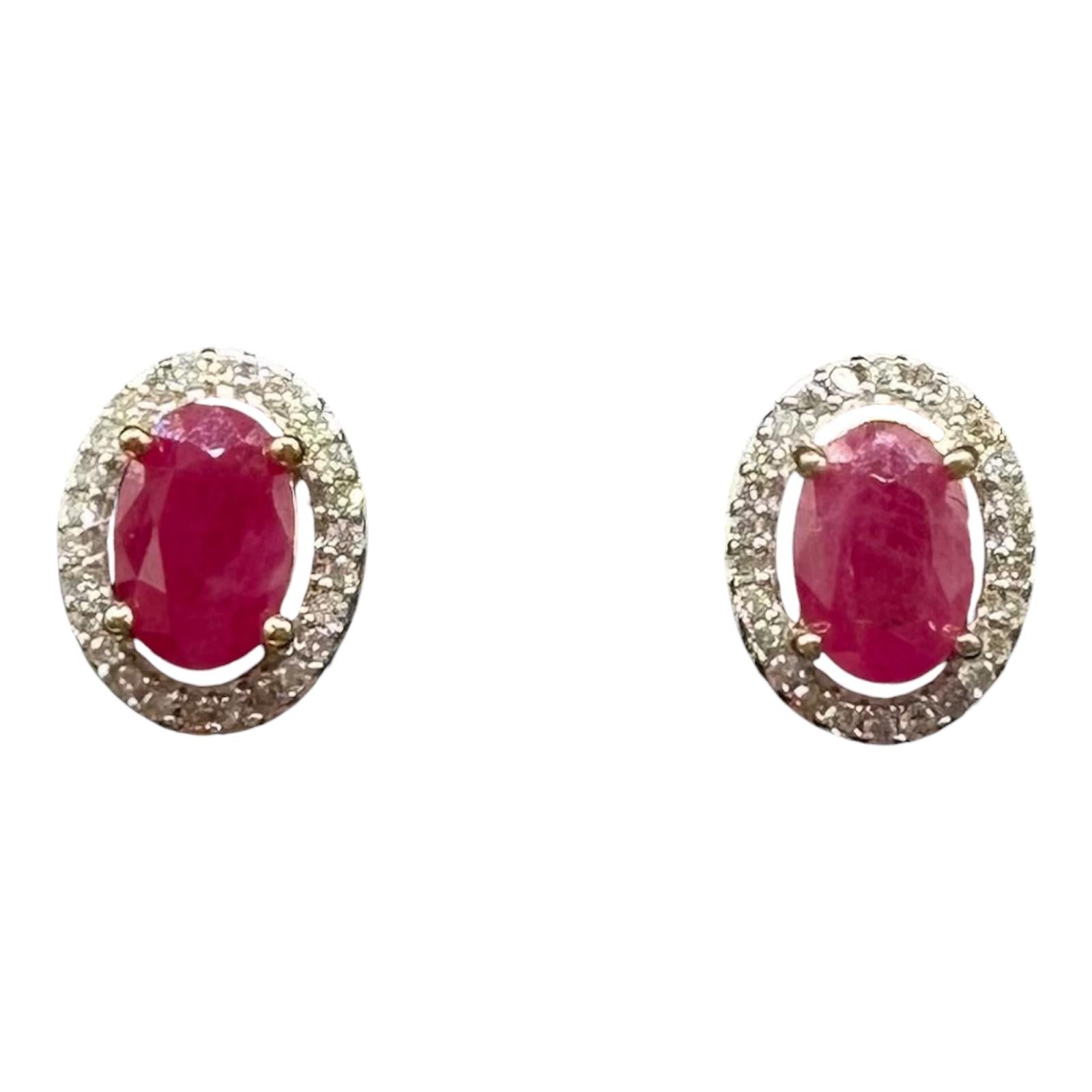 Ruby Diamond Halo Stud Earrings 10K Yellow Gold Oval 1.53g