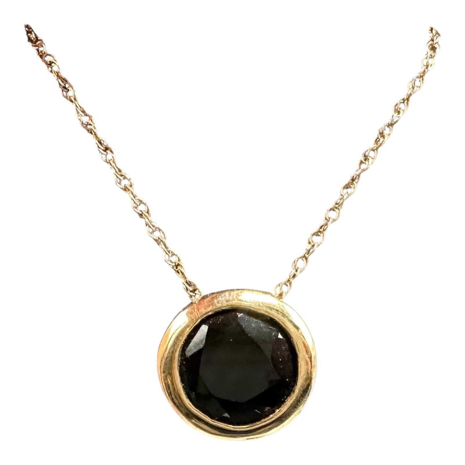 Bezel Set Black Onyx Necklace 10K Yellow Gold 8mm 18in New