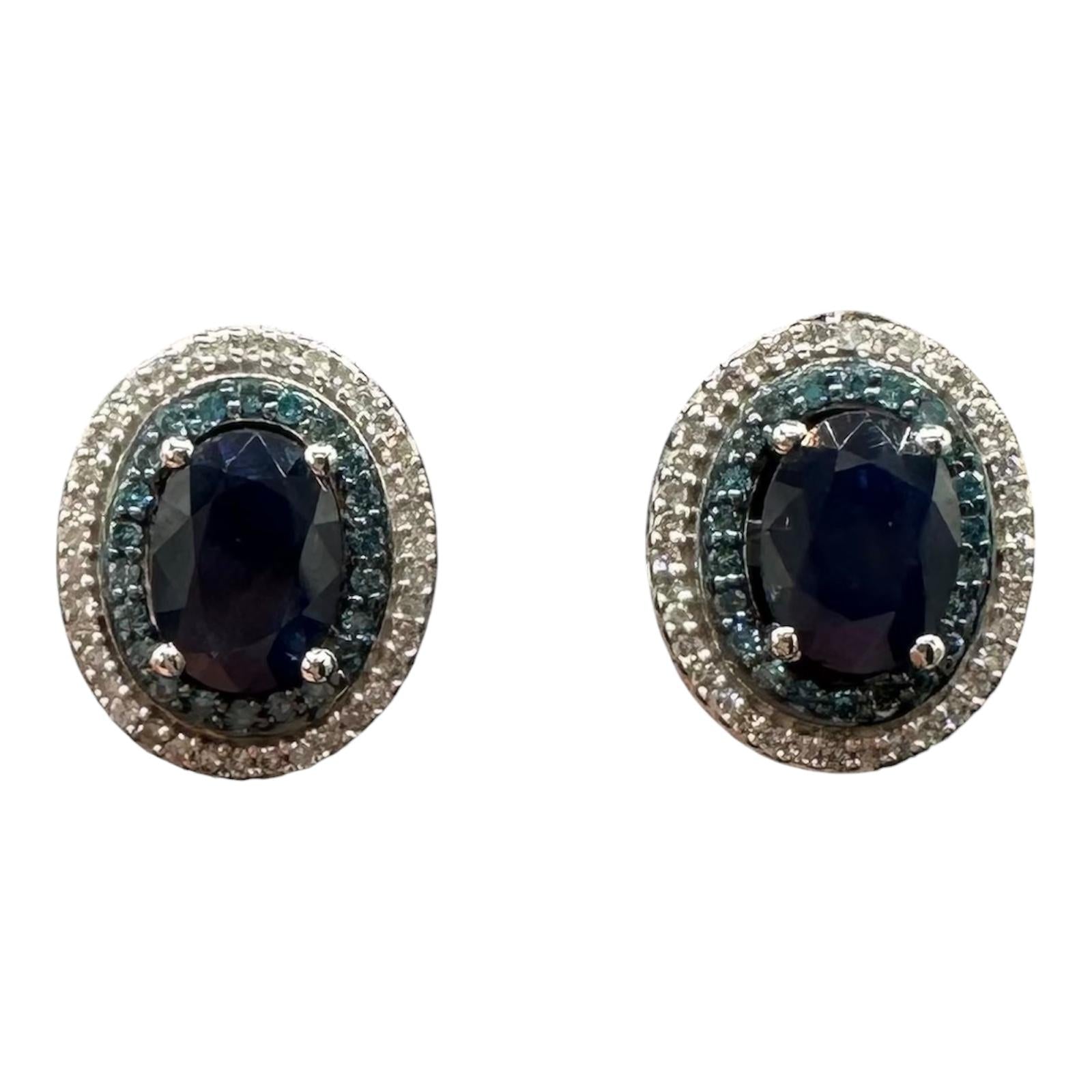 Blue Sapphire Diamond Stud Earrings 10K White Gold Push Backs New
