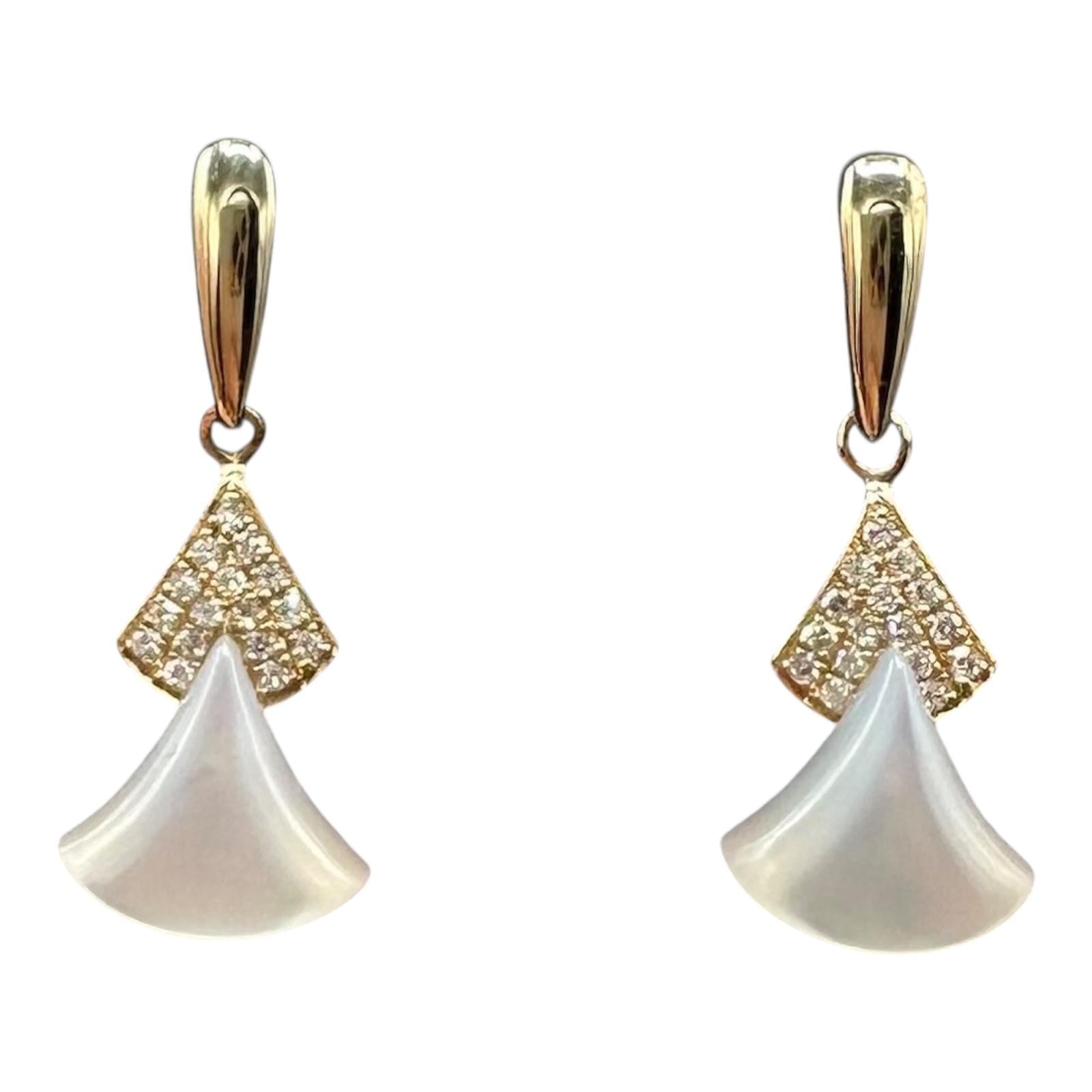 Mother of Pearl Diamond Dangle Earrings 14K Yellow Gold 0.10ctw