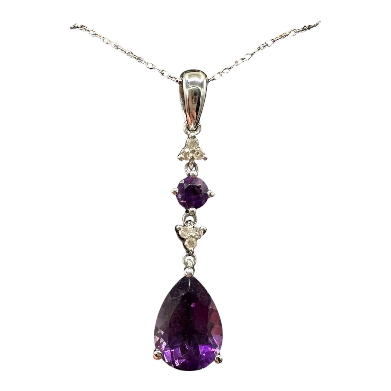 Amethyst Diamond Necklace 10K White Gold Pear Cut 10x7mm New