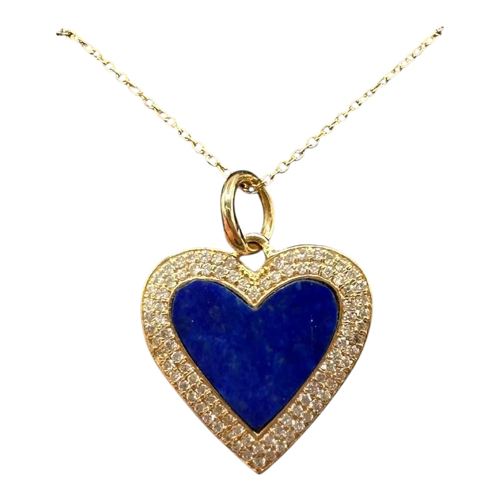 Diamond Lapis Heart Pendant Necklace 14K Yellow Gold 18in New