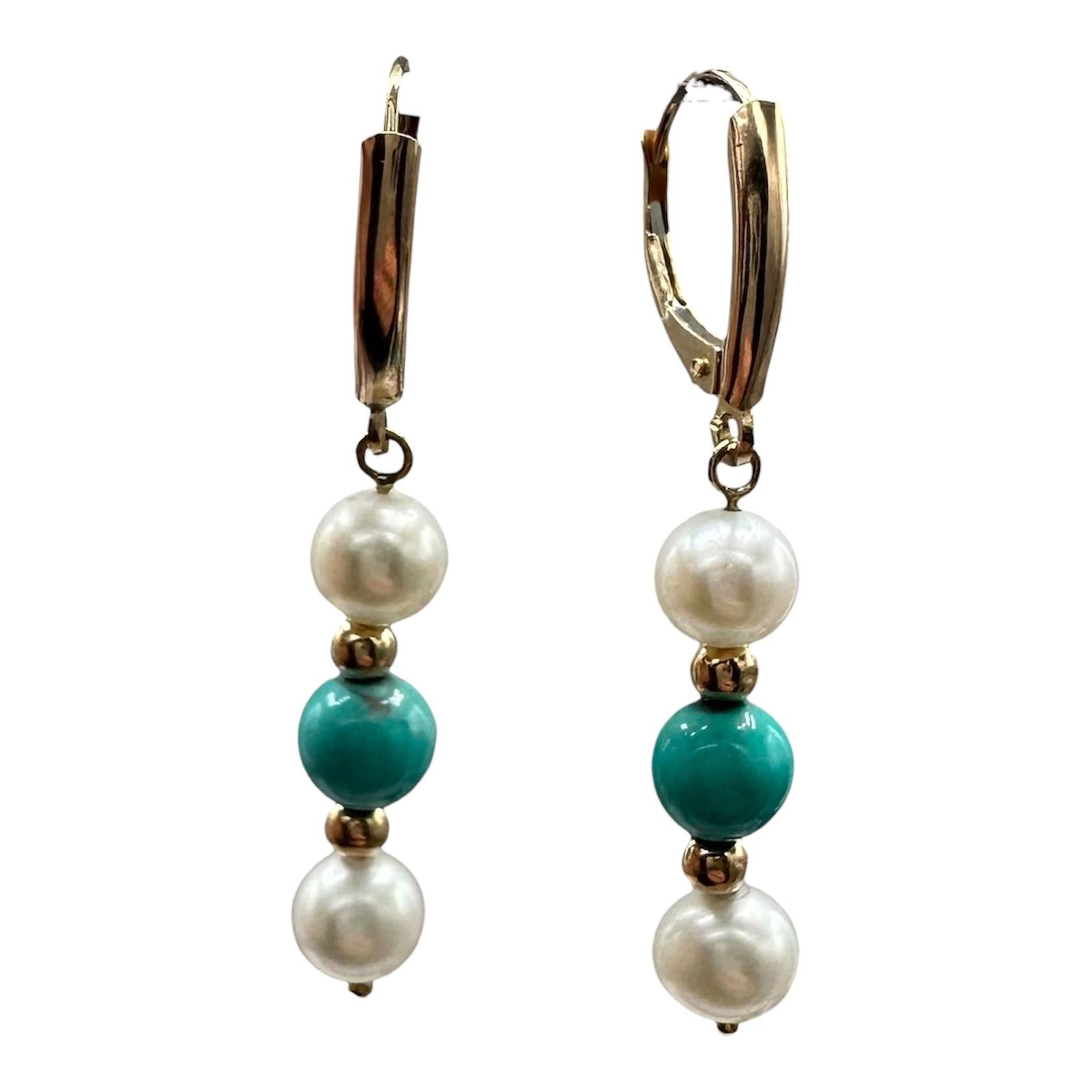Turquoise Pearl Drop Earrings 14K Yellow Gold 2.9g Lever Backs New