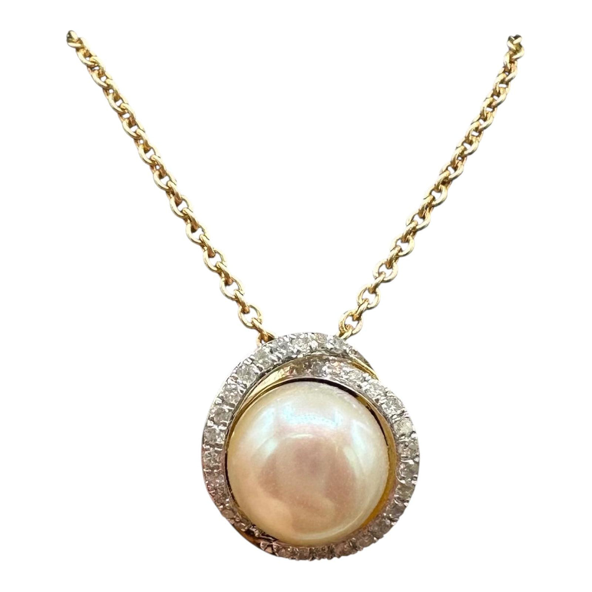Pearl Diamond Necklace 10K Yellow Gold 0.15ctw Diamonds 8mm Pearl
