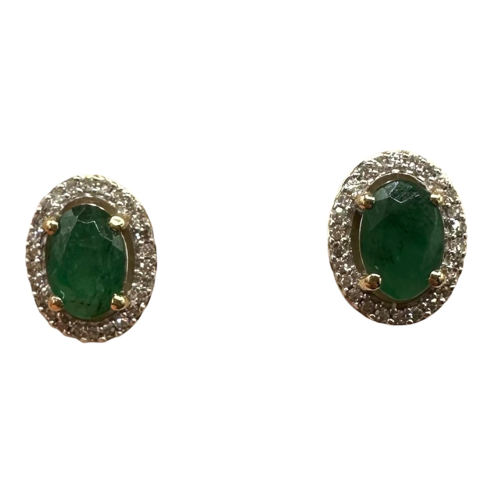 Emerald Diamond Earrings 10K Yellow Gold 6x4mm Emerald 0.15ctw Diamonds