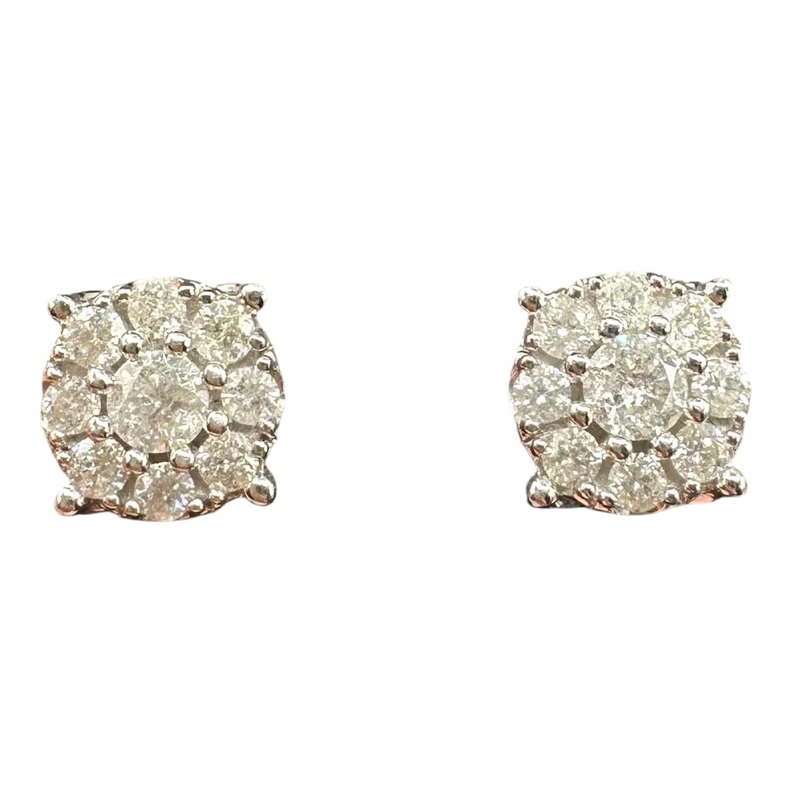 Big Diamond Cluster Stud Earrings 10K White Gold 1.20ctw Natural Diamonds 8.8mm