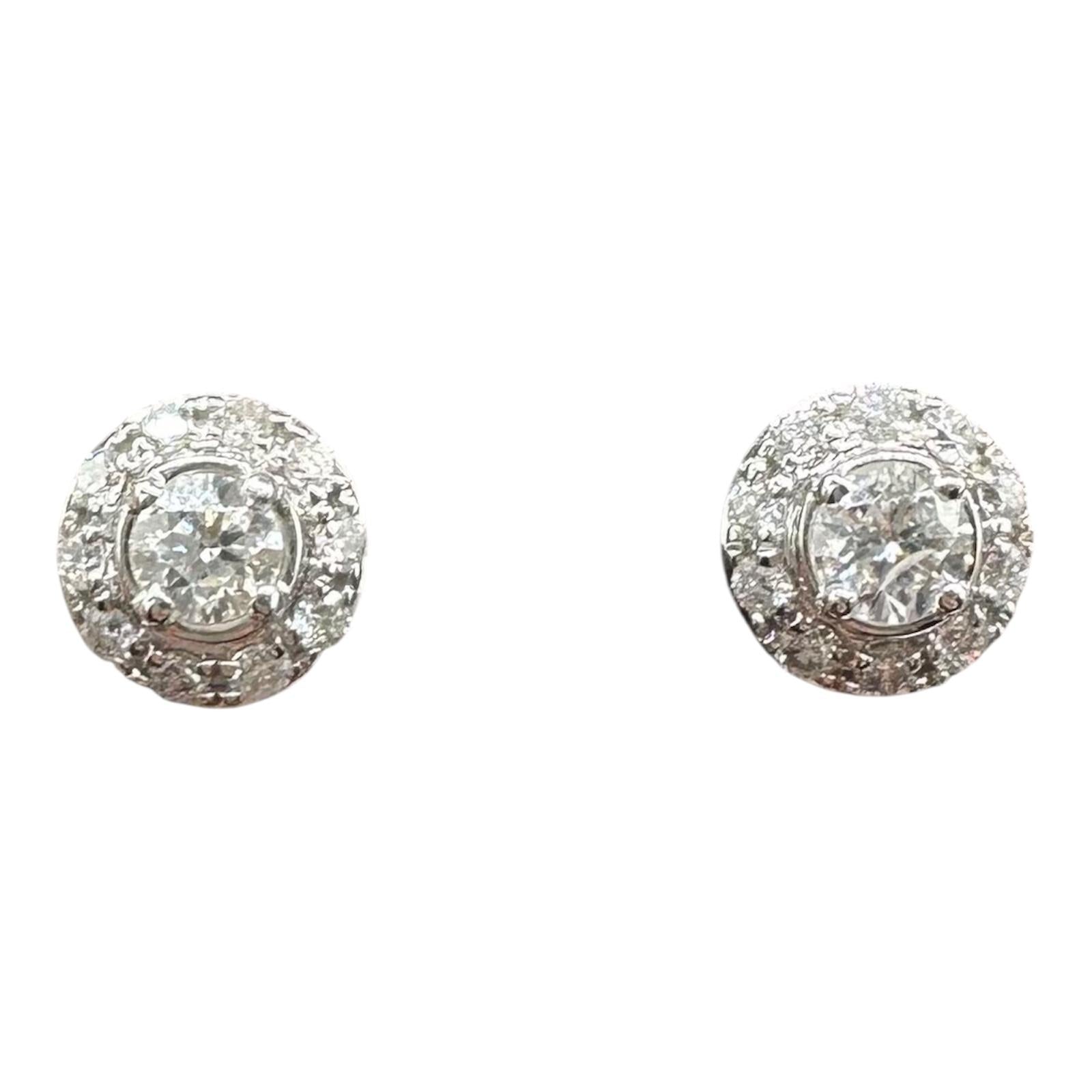 Diamond Halo Stud Earrings 14K White Gold 0.75ctw 7.9mm