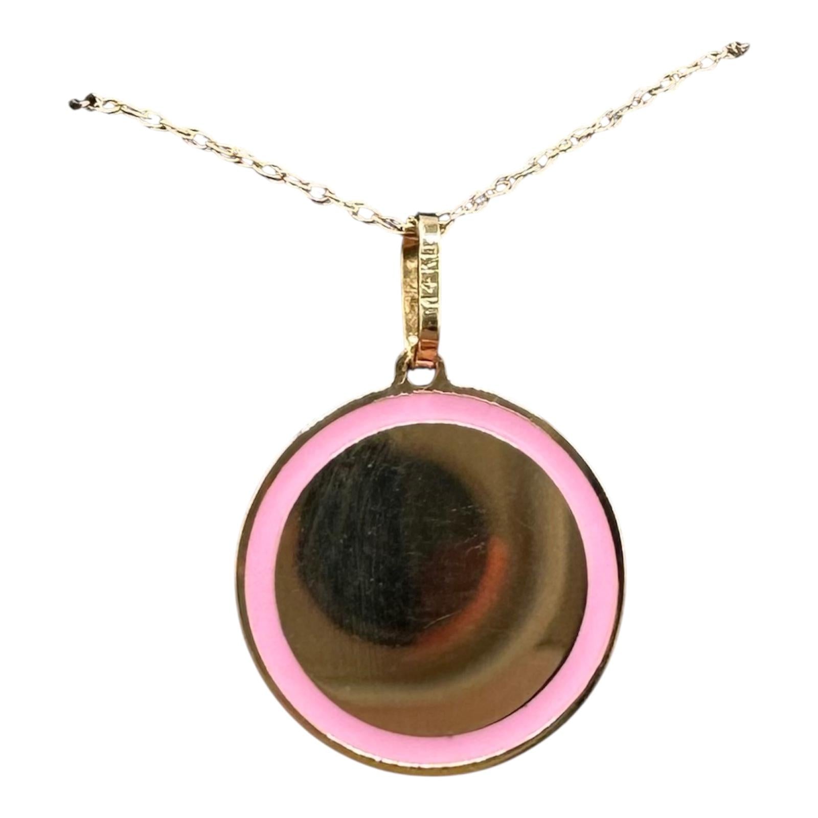 Pink Enamel Disc Necklace 14K Yellow Gold 18in 1.9g