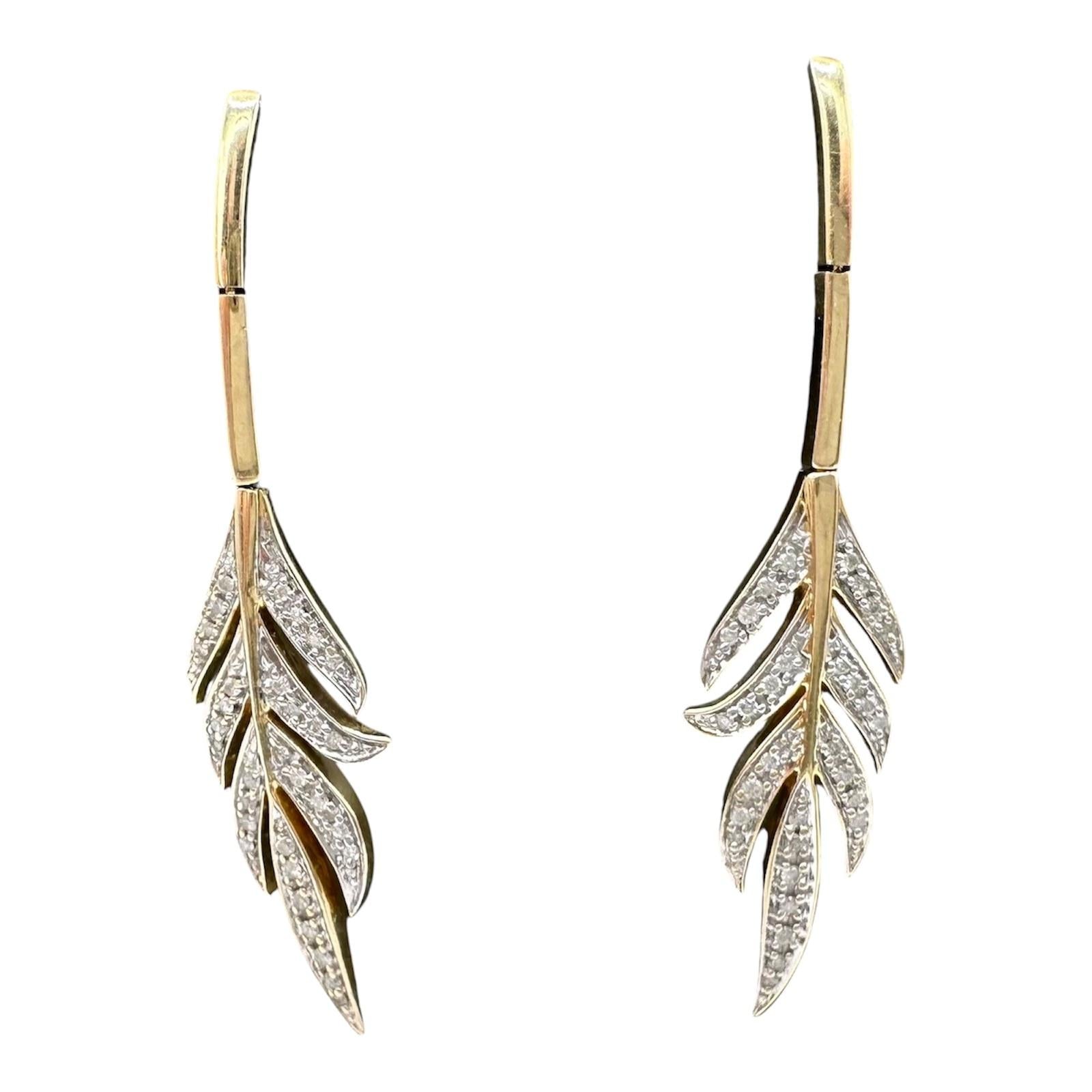 Diamond Leaf Dangle Earrings 14kt Yellow Gold 0.31ctw 2.1in 6.9g
