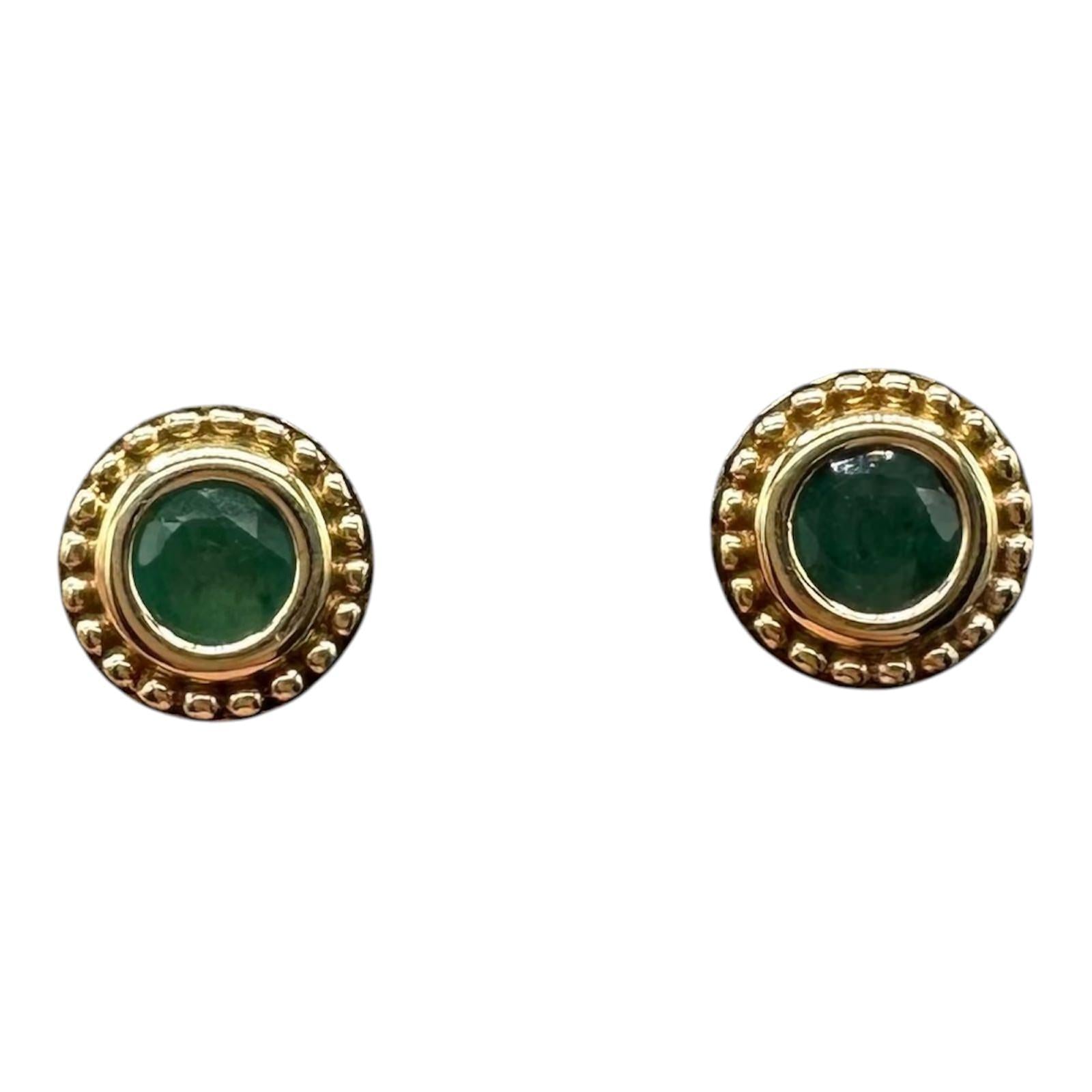Round Green Emerald Stud Earrings 10kt Yellow Gold 4mm Beaded New