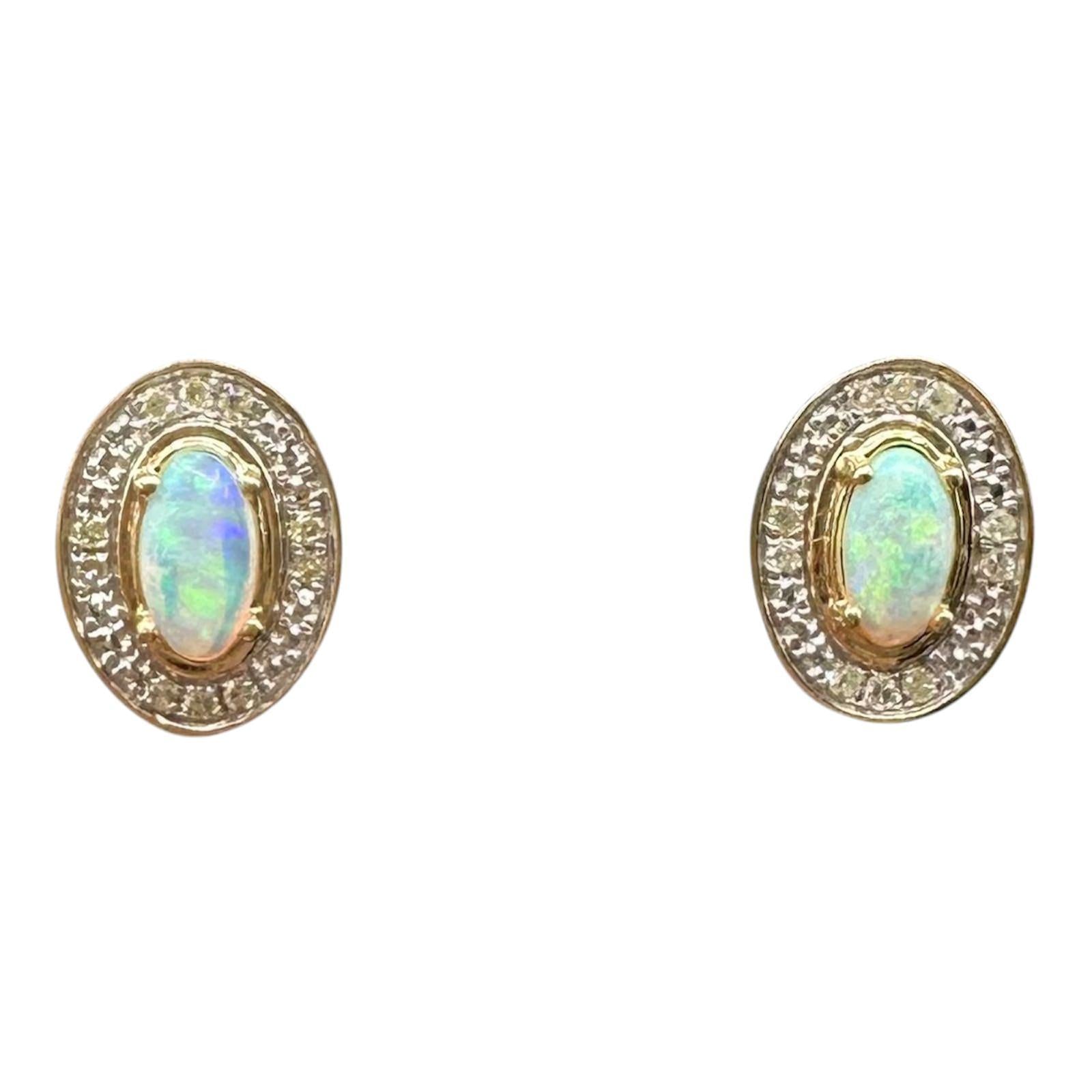 Opal Diamond Halo Stud Earrings 10kt Yellow Gold Oval 0.05ctw New