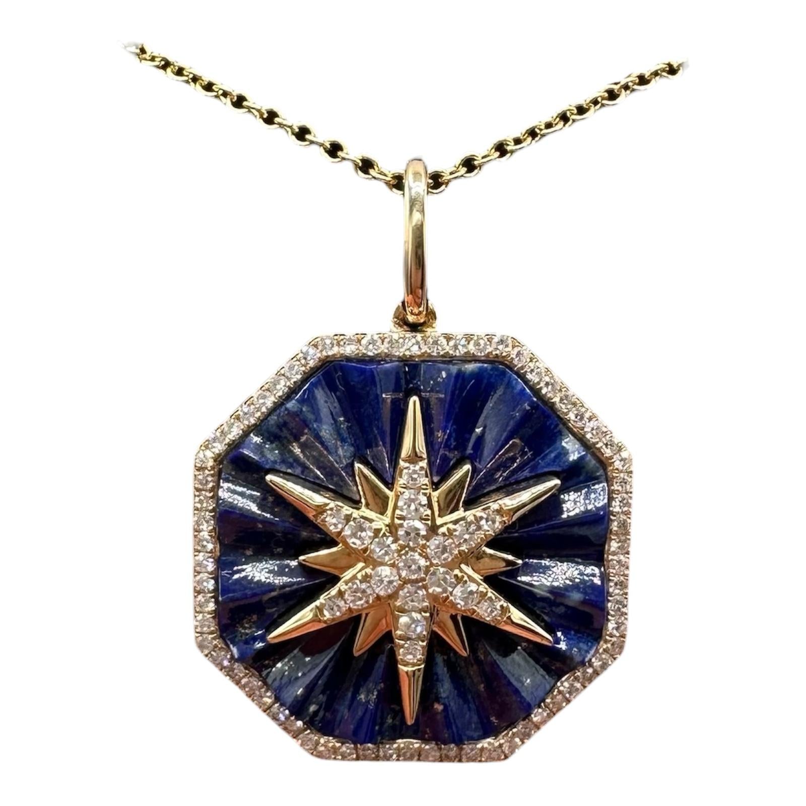 Designer Effy Diamond Star Lapis Pendant Necklace 14kt Gold 0.31ctw NWT