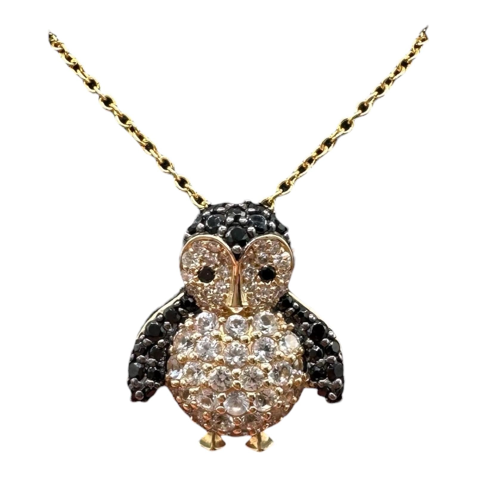 Designer Effy Penguin Pendant Necklace 14kt Gold Sapphire Diamond NWT