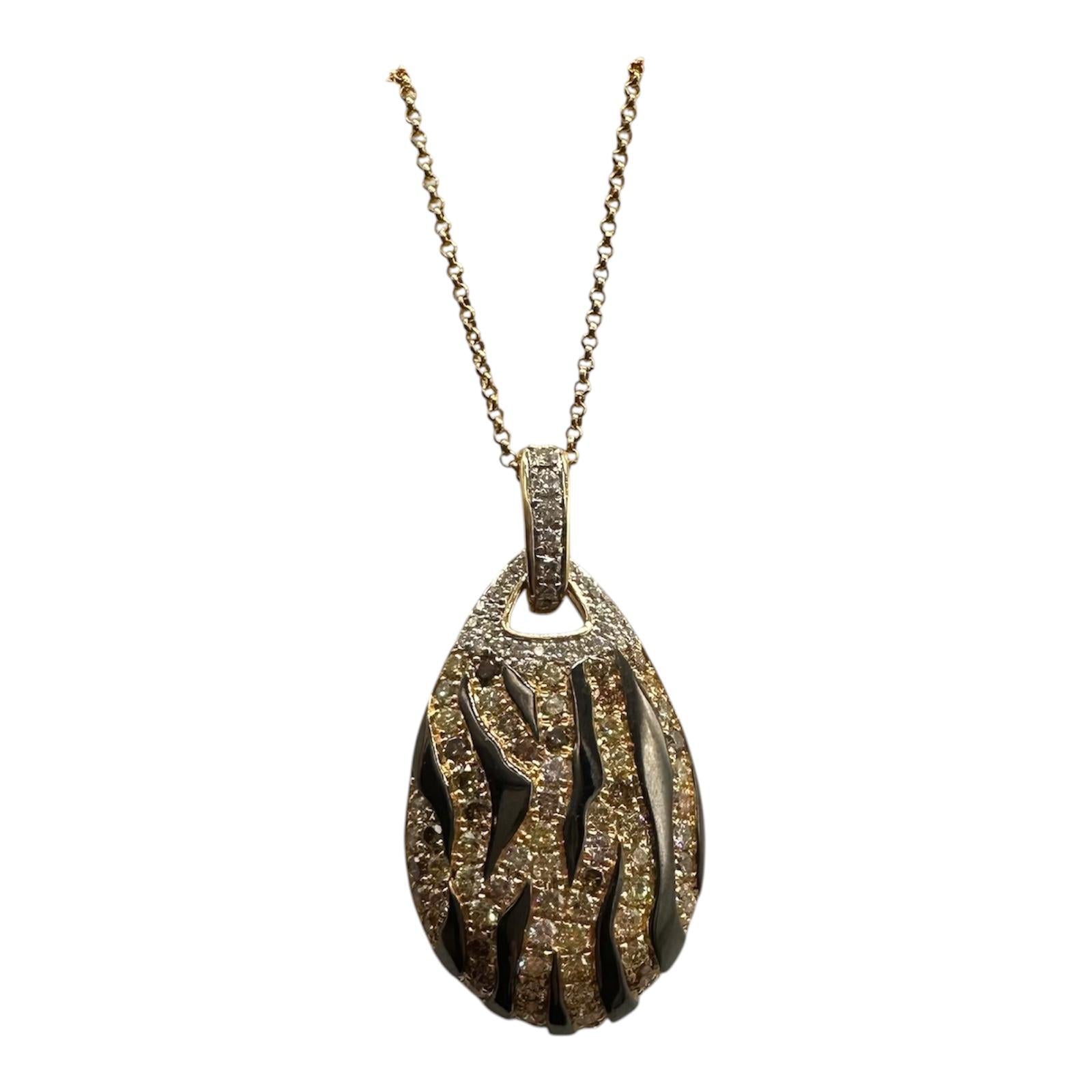 Diamond Enamel Animal Stripe Pendant Necklace 14kt Gold 1.25ctw Estate