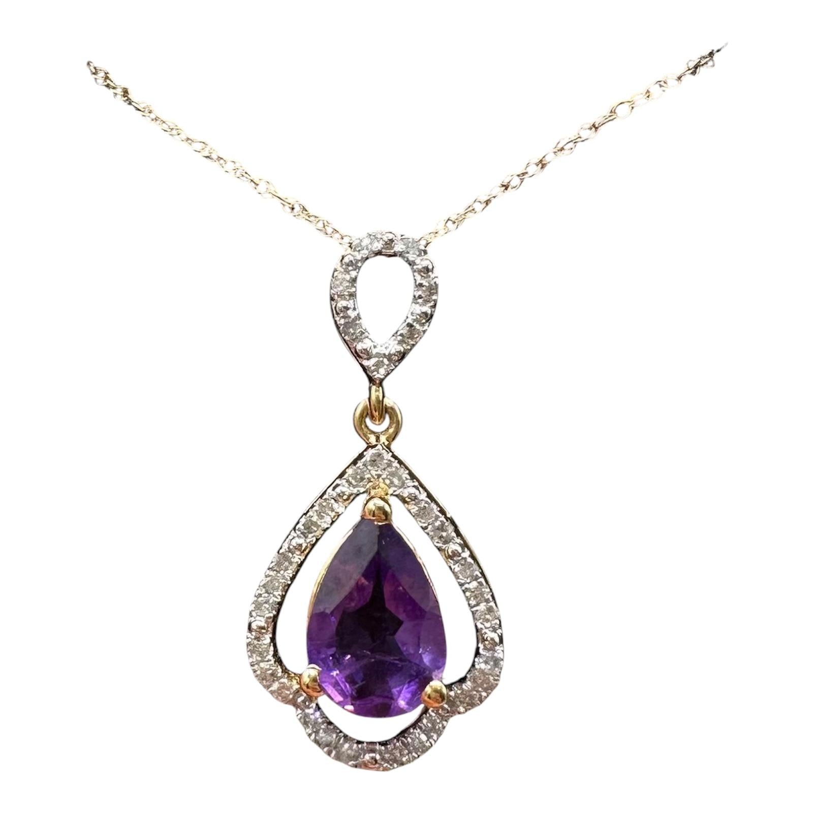 Amethyst Diamond Necklace in 10kt Yellow Gold Pear Cut 0.15ctw 18in New