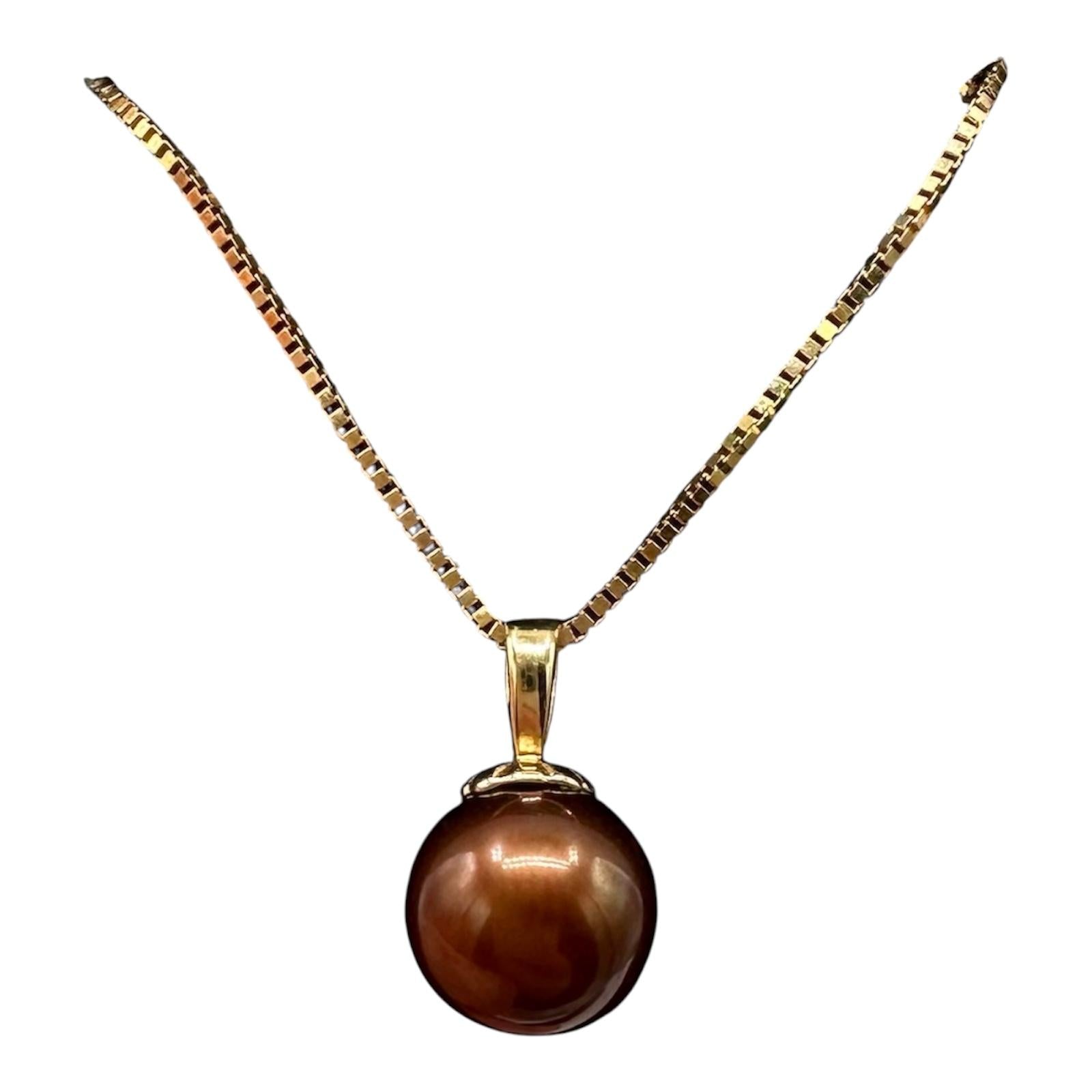 Chocolate Pearl Pendant Necklace 14kt Yellow Gold 8mm 18in Estate