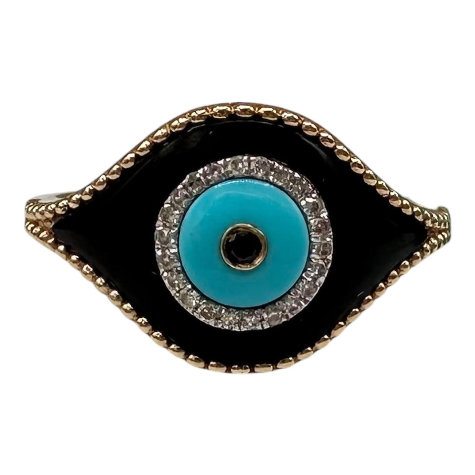 Designer Effy Diamond Onyx Turquoise Evil Eye Ring 14kt Gold NWT