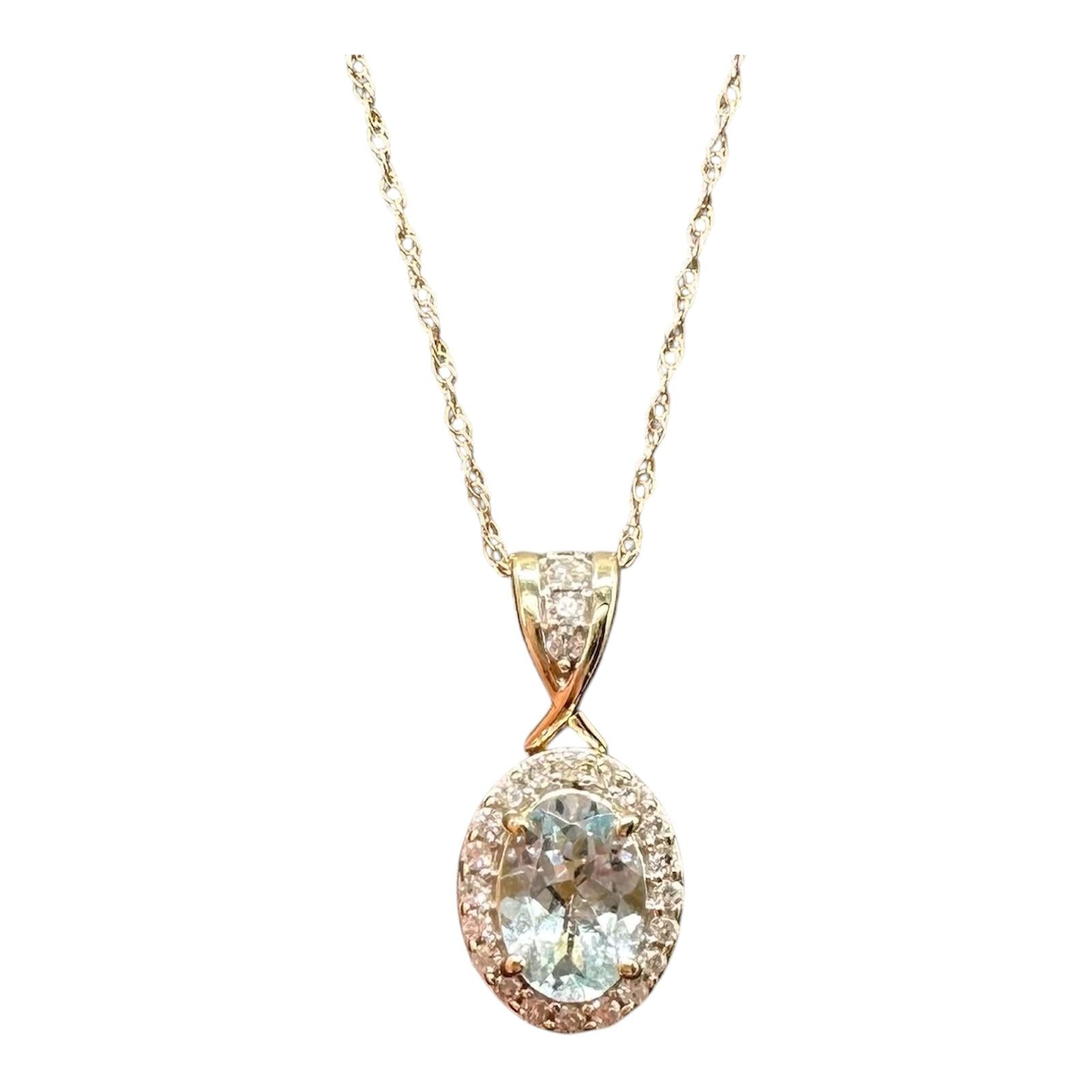 Aquamarine Diamond Pendant Necklace 10kt Yellow Gold 0.15ctw 18in New