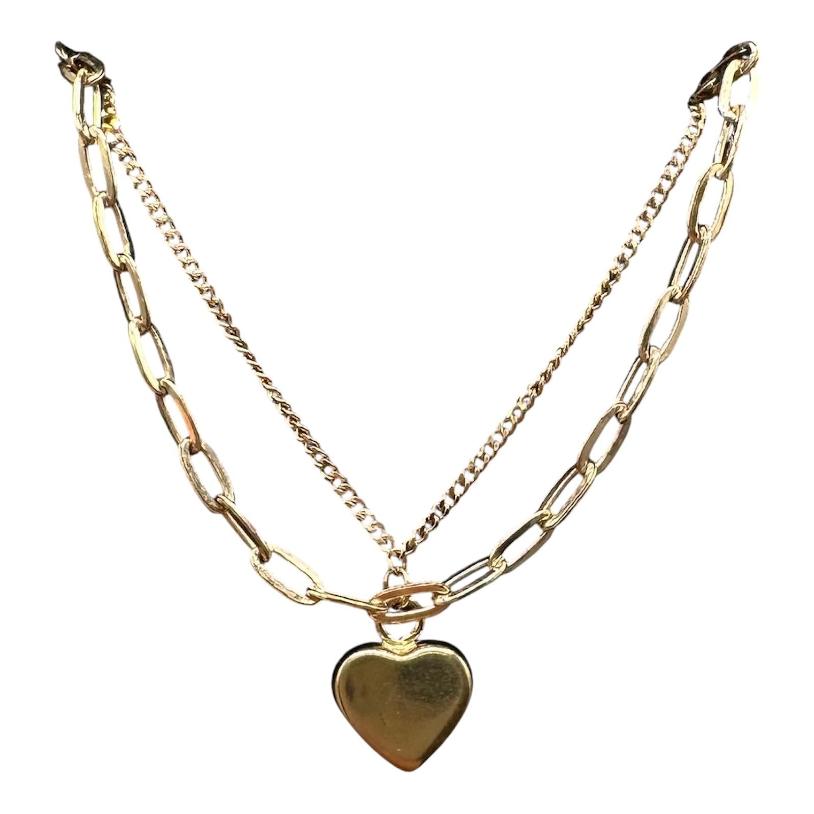Two Layer Heart Necklace 10kt Yellow Gold Paperclip Chain New