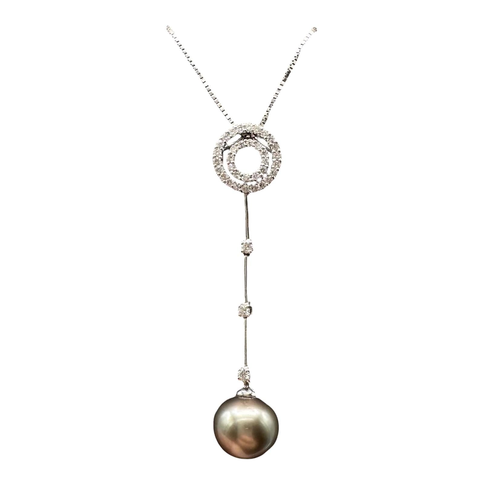 Pearl Diamond Drop Necklace 14kt White Gold 9.4mm Estate