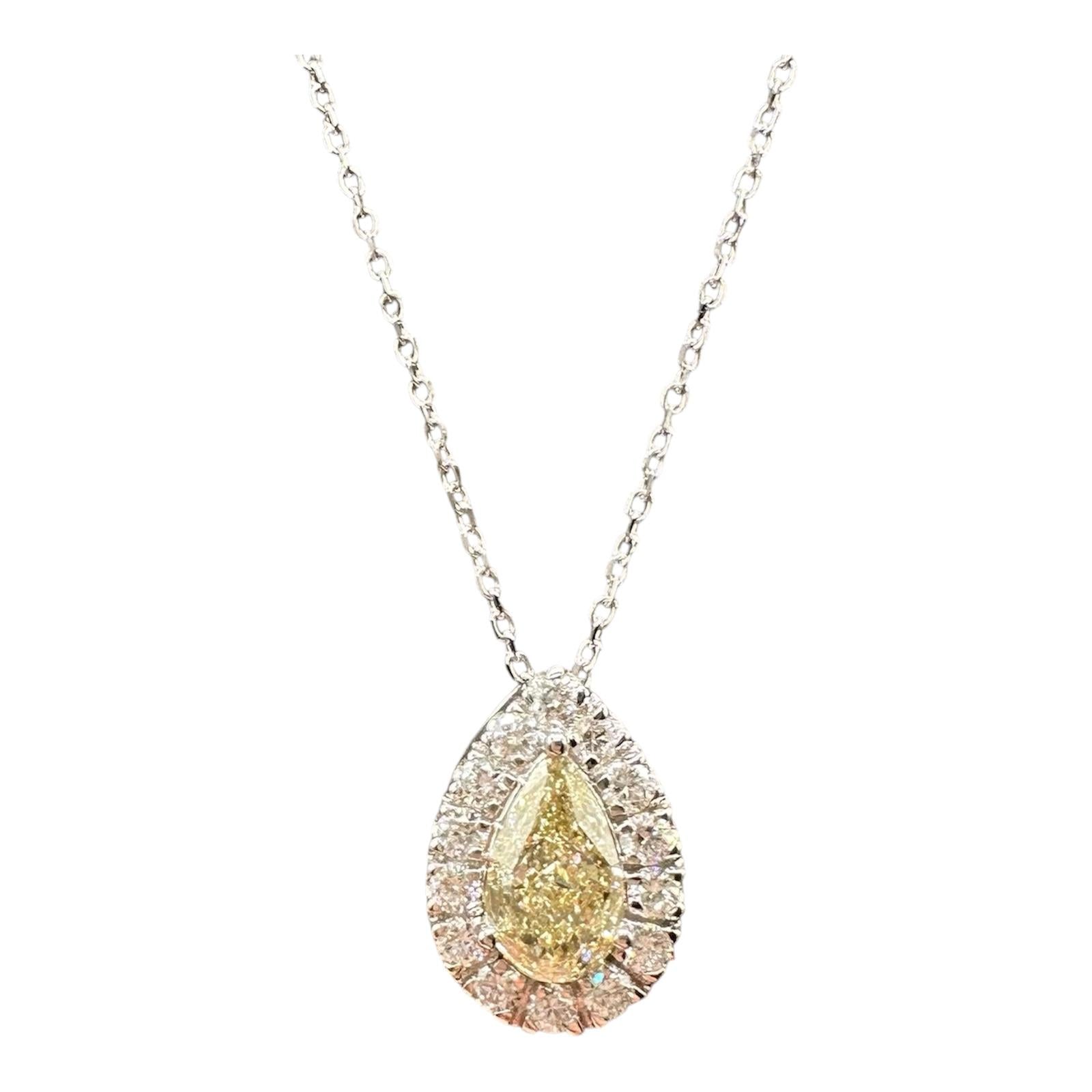 Natural Yellow Diamond Halo Pendant Necklace 14kt White Gold 1.17ctw VS