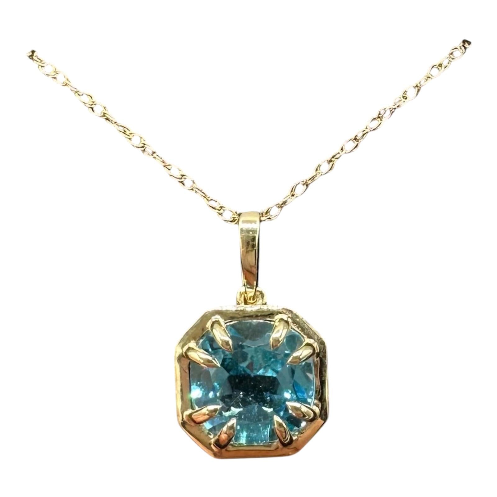 Blue Topaz Claw Set Necklace 10kt Yellow Gold 1.70ctw Cushion New