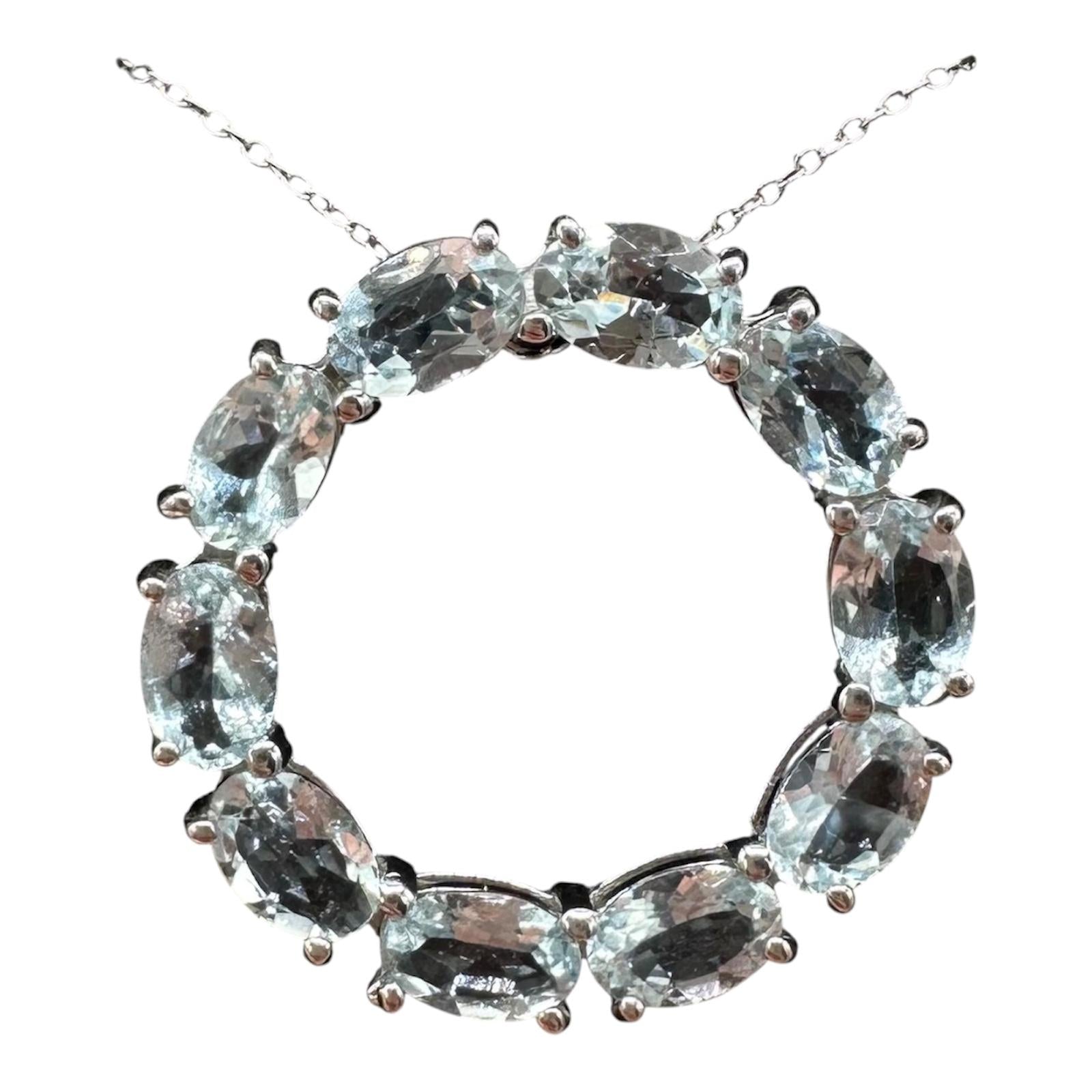 Aquamarine Circle Necklace Sterling Silver Oval 18in New