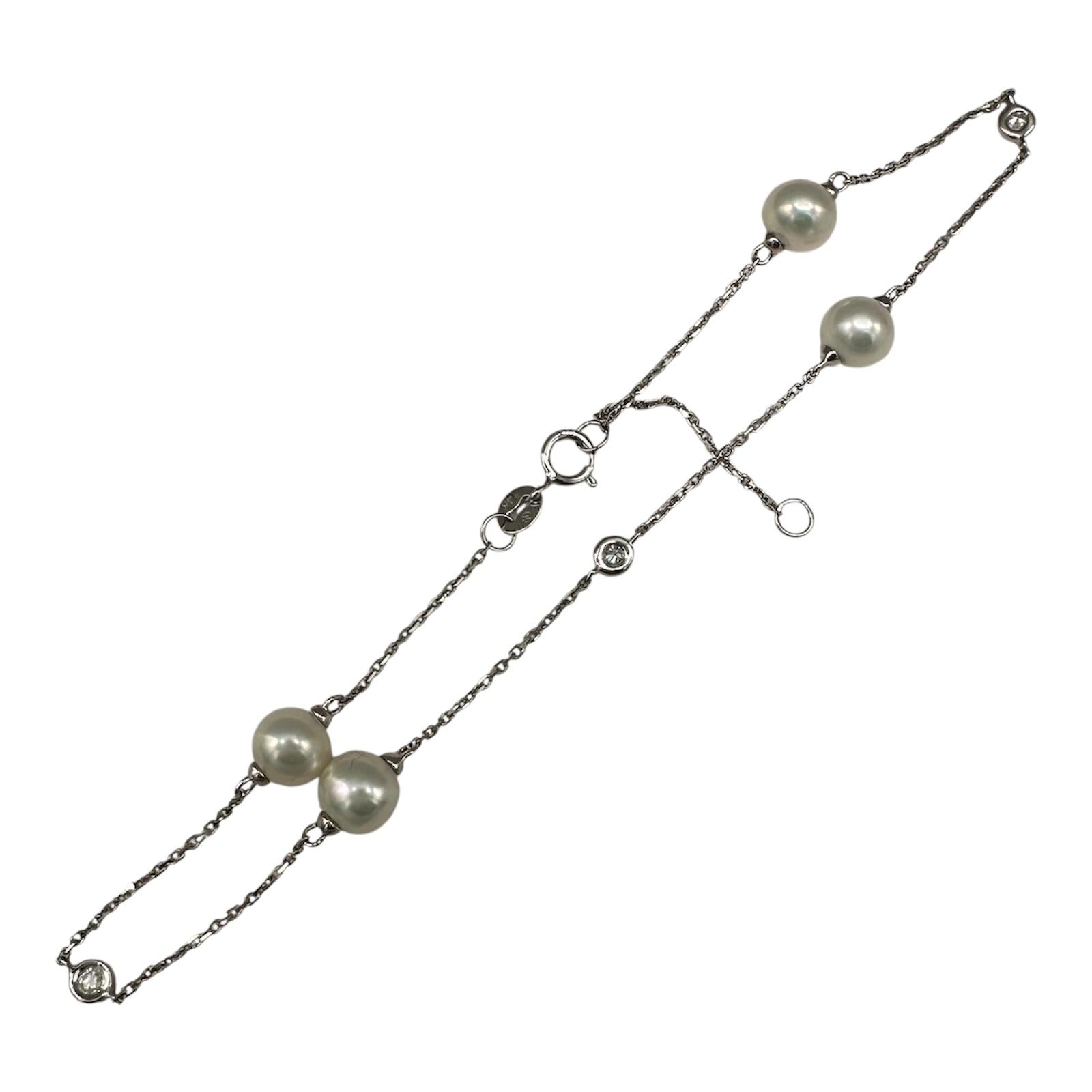 Pearl Diamond Station Anklet 14kt White Gold Adjustable 9 10in New