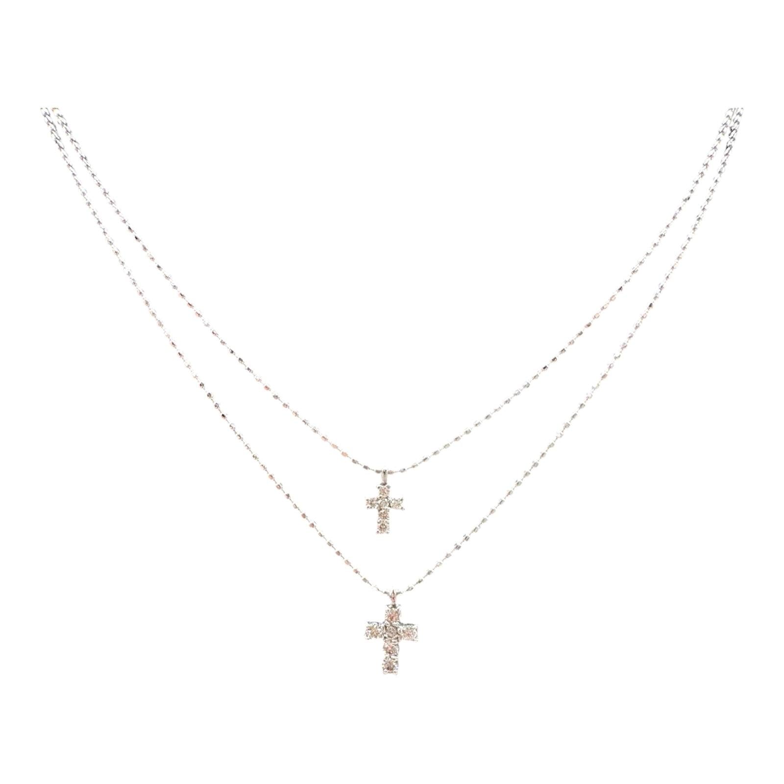 Diamond Double Cross Layering Necklace 18kt White Gold 0.20ctw New