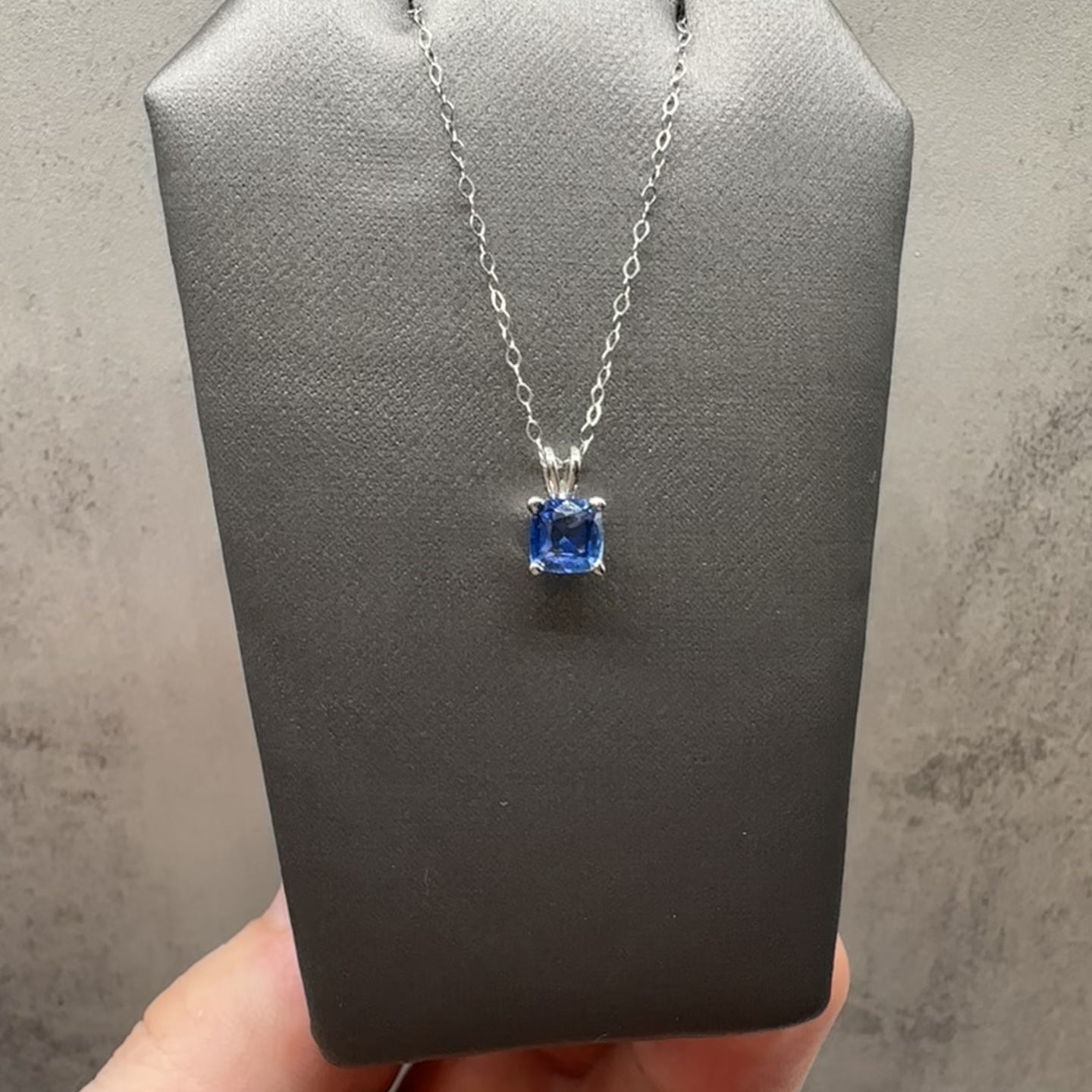 Cushion Cut Ceylon Blue Sapphire Necklace in 14kt White Gold – 0.95ct, 18in, New