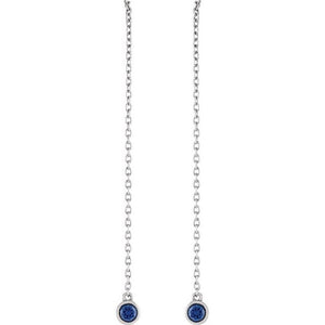 14K White Natural Blue Sapphire Chain Earrings