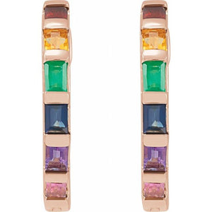 14K Rose Natural Multi-Gemstone Rainbow Hoop Earrings