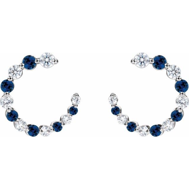 14K White Natural Blue Sapphire & 1/3 CTW Natural Diamond Hoop Earrings