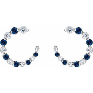 14K White Natural Blue Sapphire & 1/3 CTW Natural Diamond Hoop Earrings